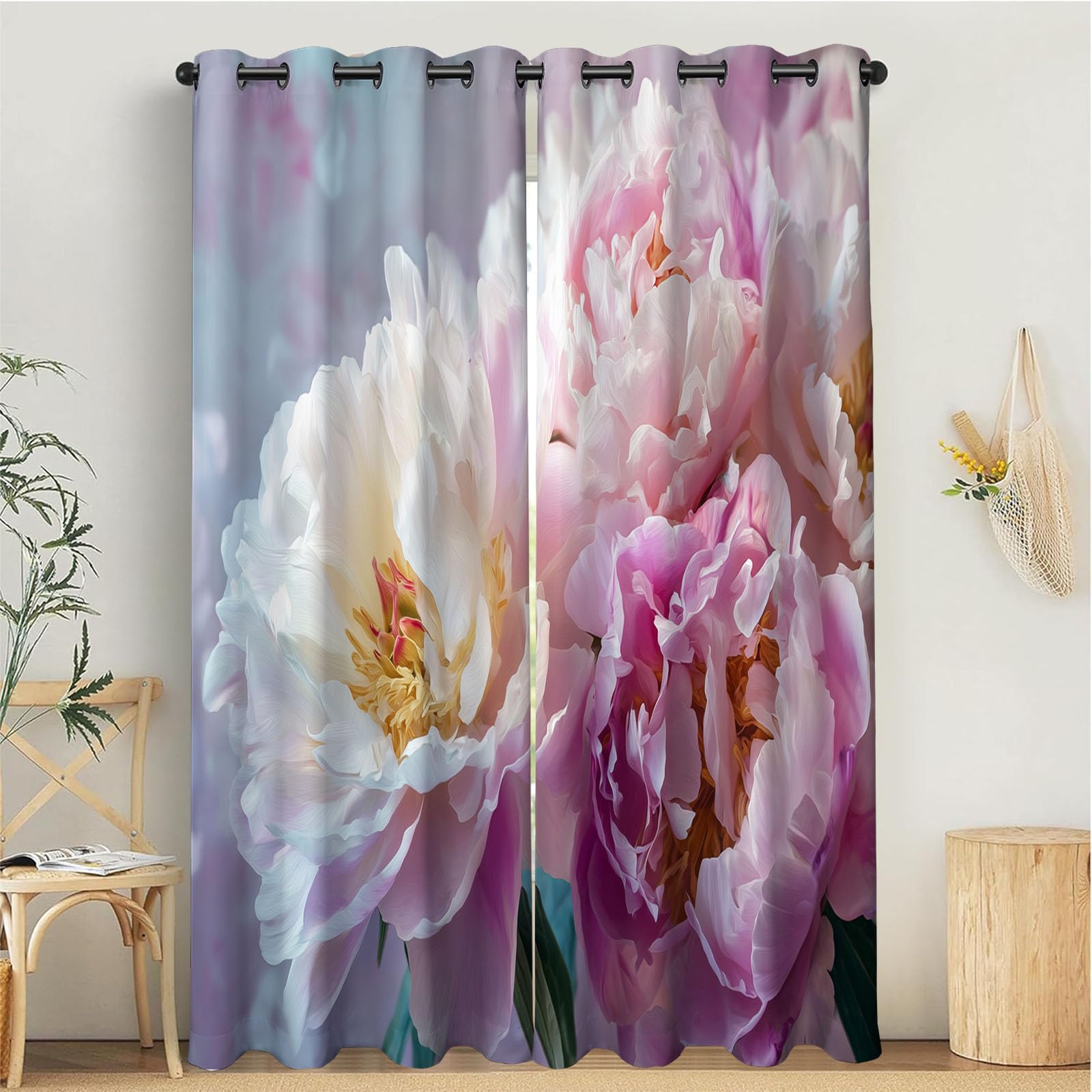 Rideau occultant thermique motif pivoine violet pour fenêtre de salon