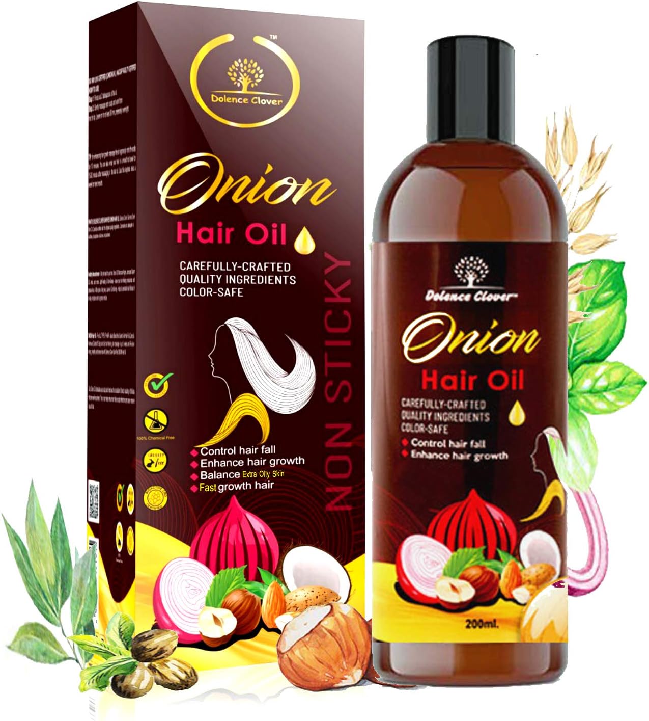 Dolence Clover Onion Oil For Hair Growth, Hair Fall & Dandruff Control With Ayurvedic Oils, 200 ml