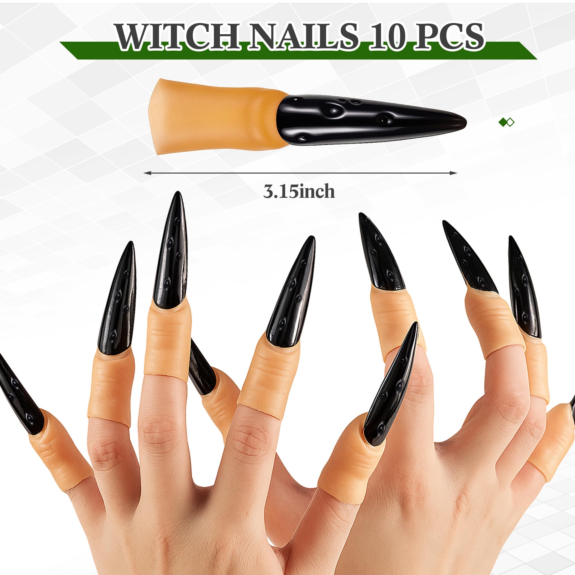 Libima Kit de maquillaje de bruja de Halloween de 17 piezas, nariz y barbilla de bruja falsa, 10 uñas largas negras, pintura facial, esponja de maquillaje y pincel, accesorios de disfraz de efectos