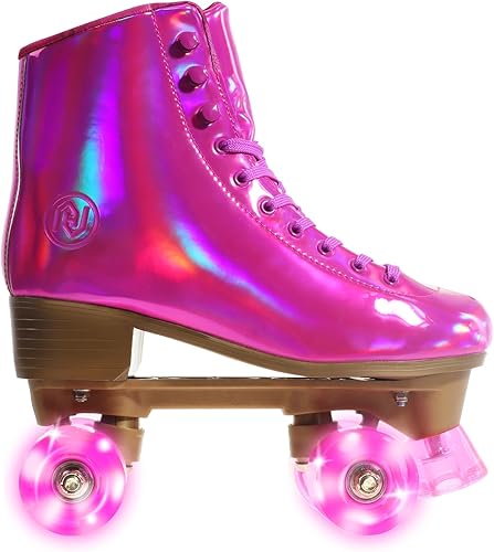 Miniatura 7 de JajaHoho Patines de ruedas para mujer, piel sintética holográfica magenta de alta calidad, patines de doble fila brillantes con cuatro ruedas rosa
