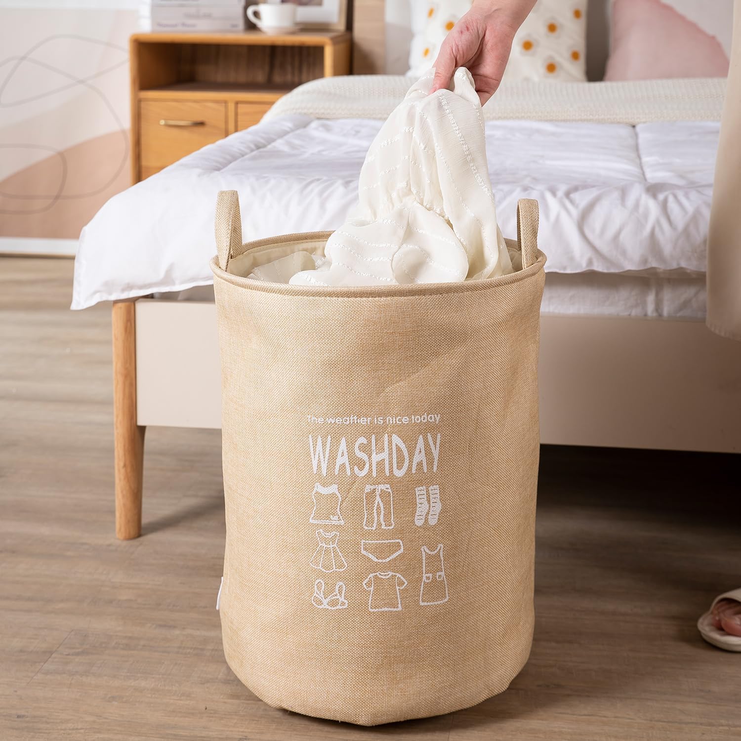 HOKIPO Folding Laundry Basket for Clothes, Round Collapsible Storage Basket - 43 LTR, Beige (AR2650)(Jute), 35cm, 35cm 1