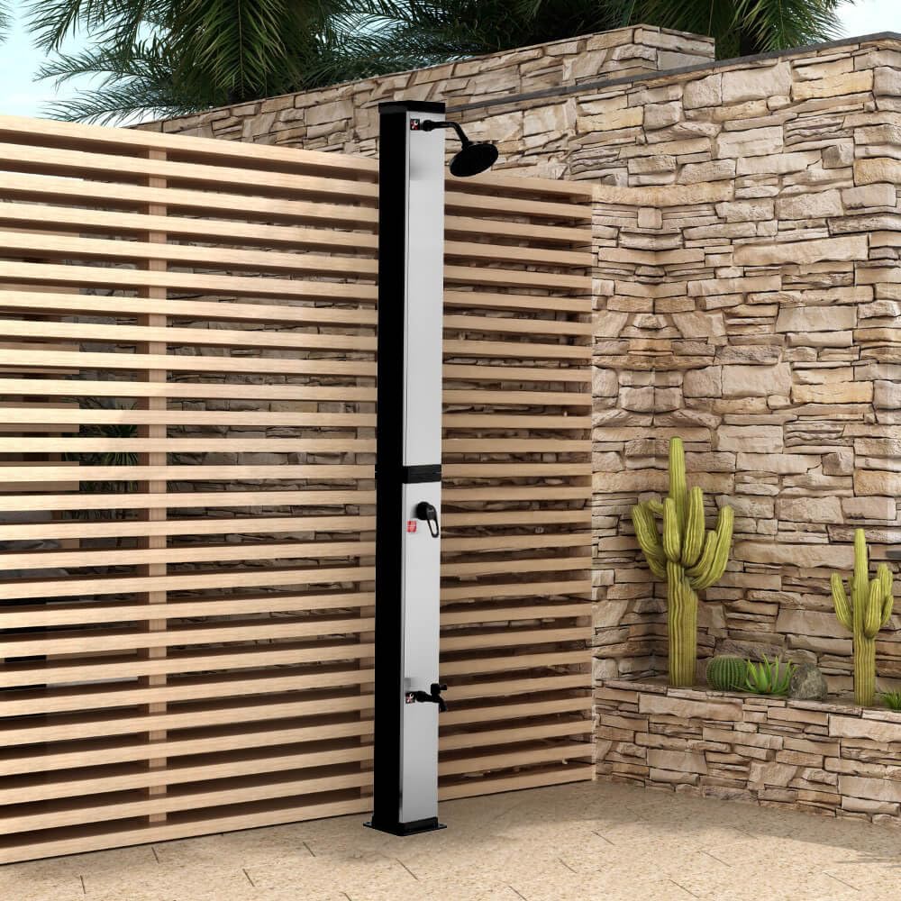 Home Deluxe - Douche Solaire Olymp - Réservoir d'eau de 40 l, Douche de Pied intégrée, PVC, Nickel brossé/Noir, Montage Facile I Douche de Jardin Douche extérieure Douche Solaire Jardin Douche