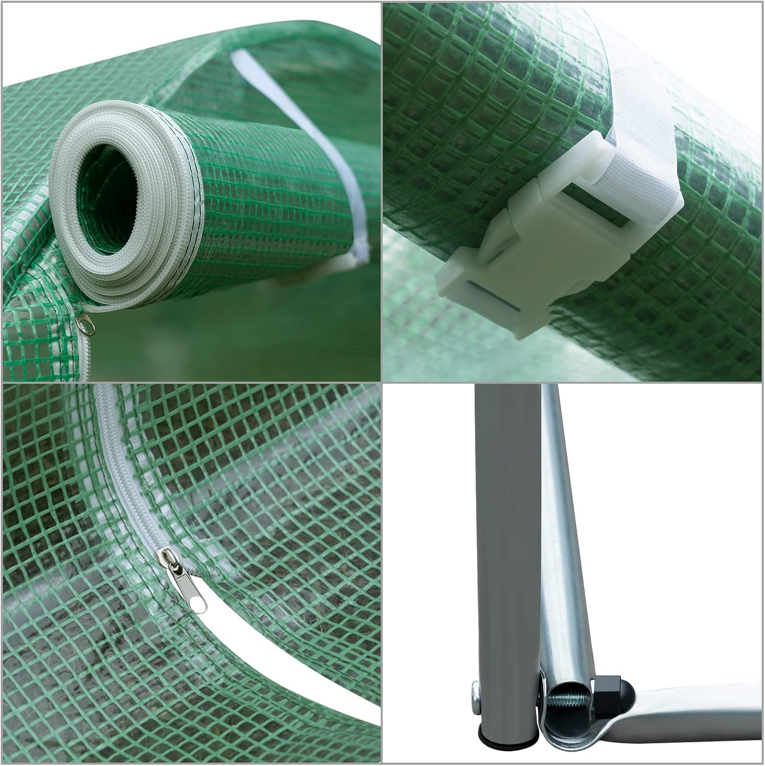 Collage showing detailed features: a rolled cover, a plastic buckle, a zipper, and a frame connection point.