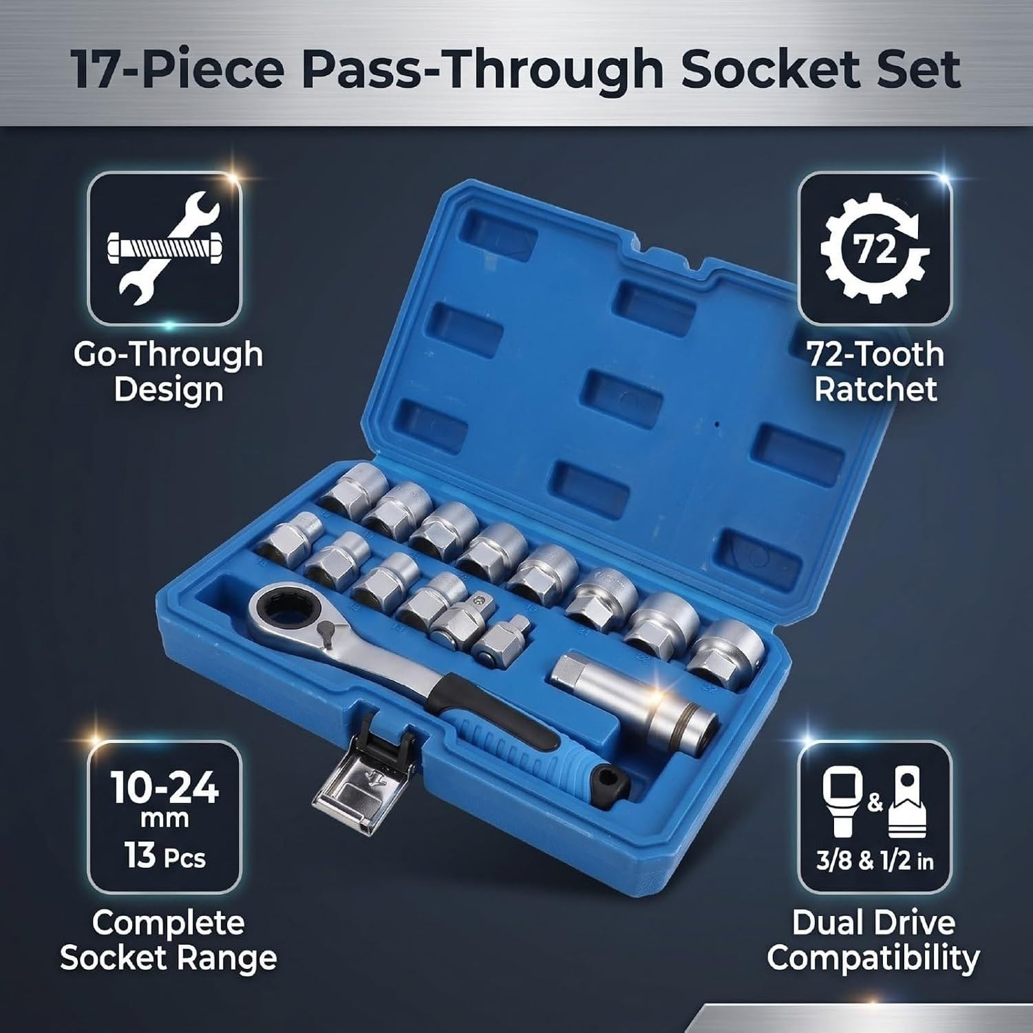 Setchia 17 Pezzi con Presa Passante, Attacco 3/8 e 1/2, 10-24mm per Lavori Auto