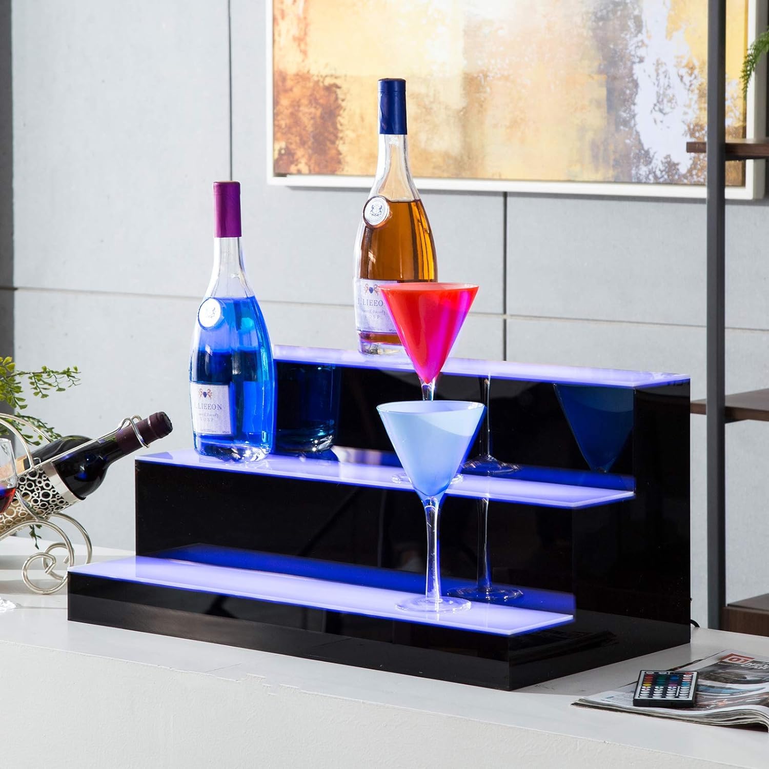LED illuminato Bottiglia di liquore Mensola di esposizione, 4 livelli 30.04 "X 15.79" X 12.60 " Grande USB illuminato Portabottiglie, Casa Bar Bevande Acrilico Illuminazione Scaffali