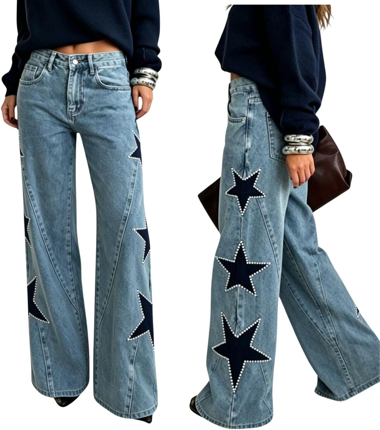 Star Jeans for Women Girls Baggy Cute Pearl Denim Pants High Waisted Loose Jeans Grunge Aesthetic Clothes