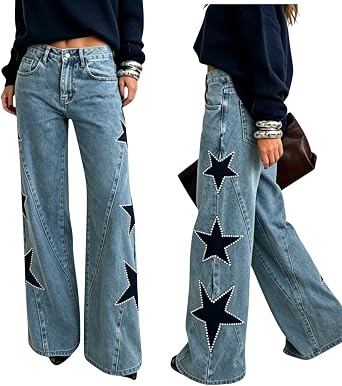 Star Jeans for Women Girls Baggy Cute Pearl Denim Pants High Waisted Loose Jeans Grunge Aesthetic Clothes