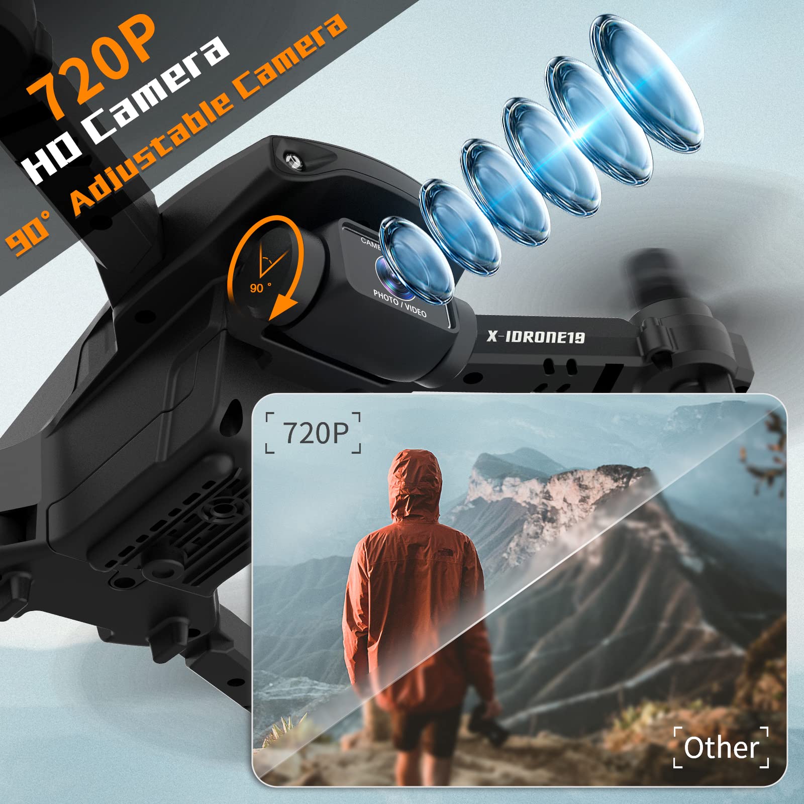 Droni con Telecamera 720P HD Ajustable, Mini Drone con Altitudine Hold per Bambini/Adulti, X19 FPV WIFI Video RC Quadcopter, 3D Flips, Modalità Headless per Principianti, 2 Batteries