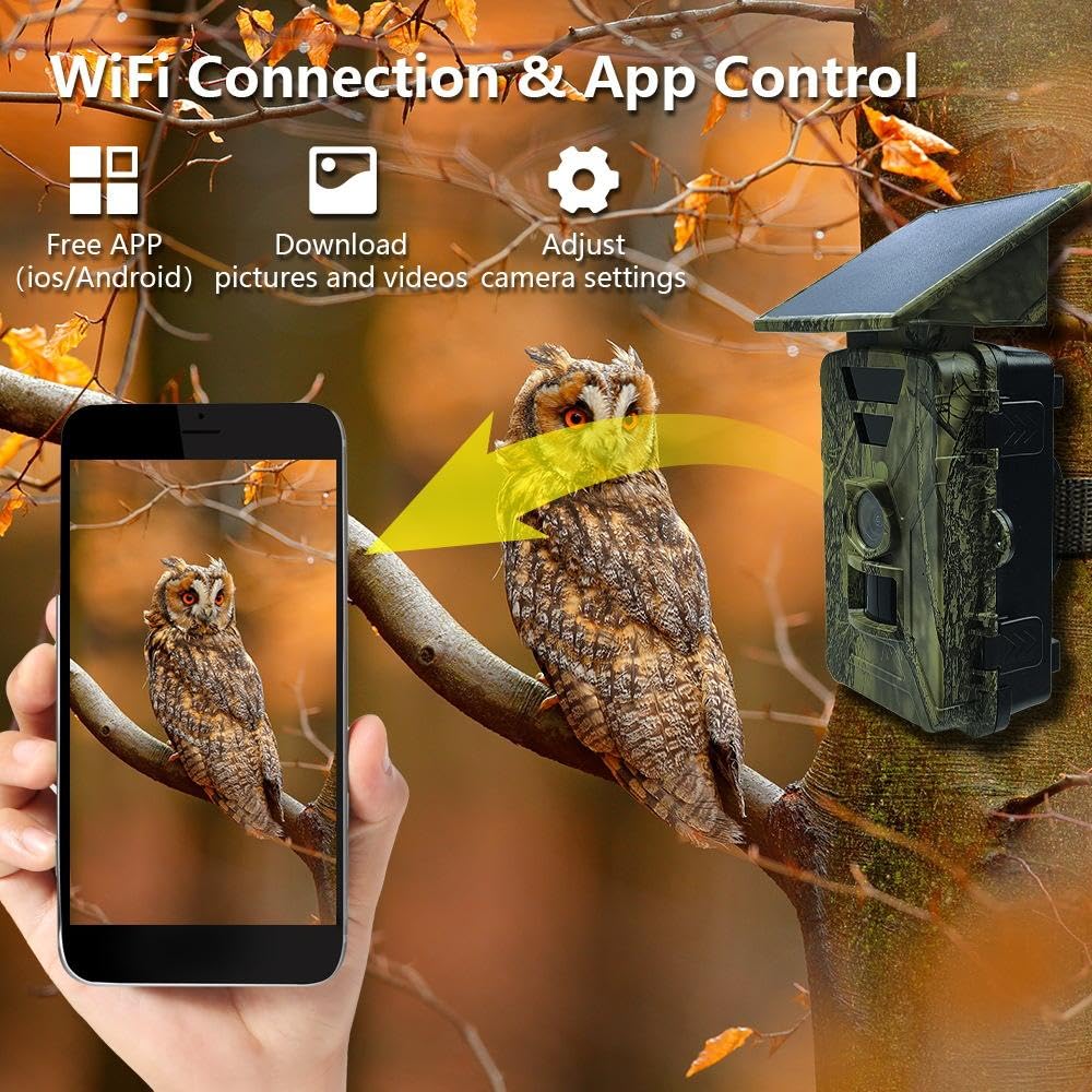 8K 60MP WLAN Solar Wildkamera mit Nachtsicht & 0.1s Auslöser, inkl. 5200mAh Akku & 32GB SD-Karte, IP67 wasserdichte TrailCam mit Bewegungsmelder, APP-Steuerung via 'TrailCam Go' für Jagd