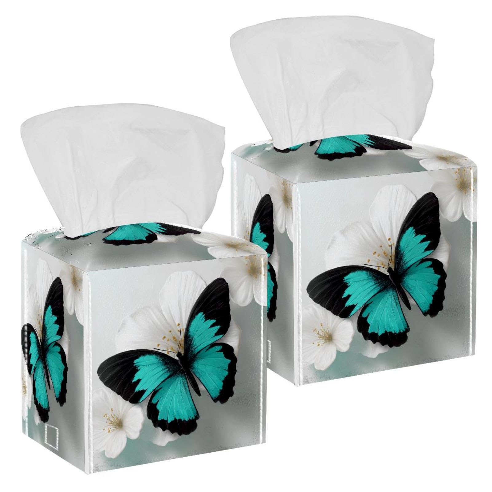 Butterfly Tissue Box Cover, 2 Pack PU Leather Square Facial Tissue Dispenser Box holder for Home Office Car