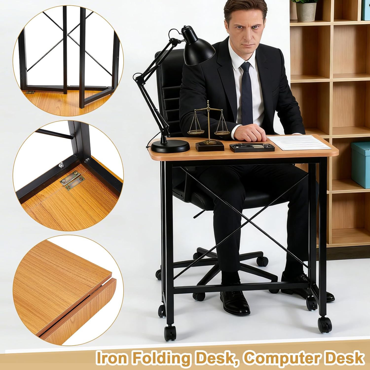23.6Inch Folding Laptop Cart Table, Mobile Small Rolling Computer Desk for Portable Office Desk for Small Space Couch Bed Oak Color