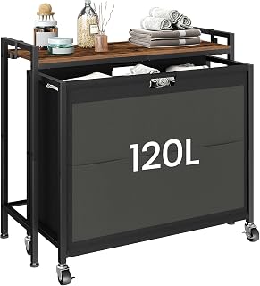 Choezon 120L Rolling Laundry Sorter Hamper with Shelf, 3 Compartments, Lockable Wheels, Metal Frame - Rustic Brown/Black TXY01BF