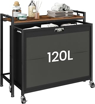 CHOEZON Laundry Sorter, Laundry Hamper with Storage Shelf, Mobile 2-in-1 Basket Organizer, 120 L Rolling Hamper, Large Bags and Movable Wheels, Metal Frame, Rustic Brown and Black TXY01BF