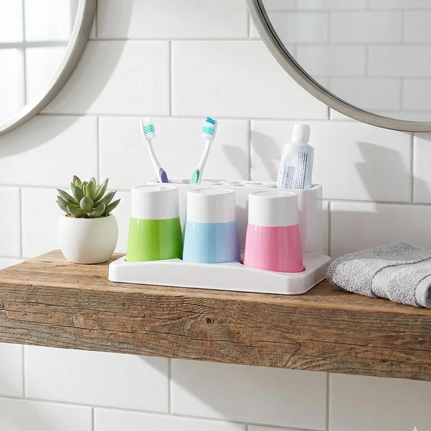 Basicwise Plastic Bathroom Toothbrush Holder Countertop Oral Care Organizer Storage Rack with 5 Brush Holes 2 Toothpaste Slots and 3 Colors Rinse Cups for Family & Guest Bathroom Essentials