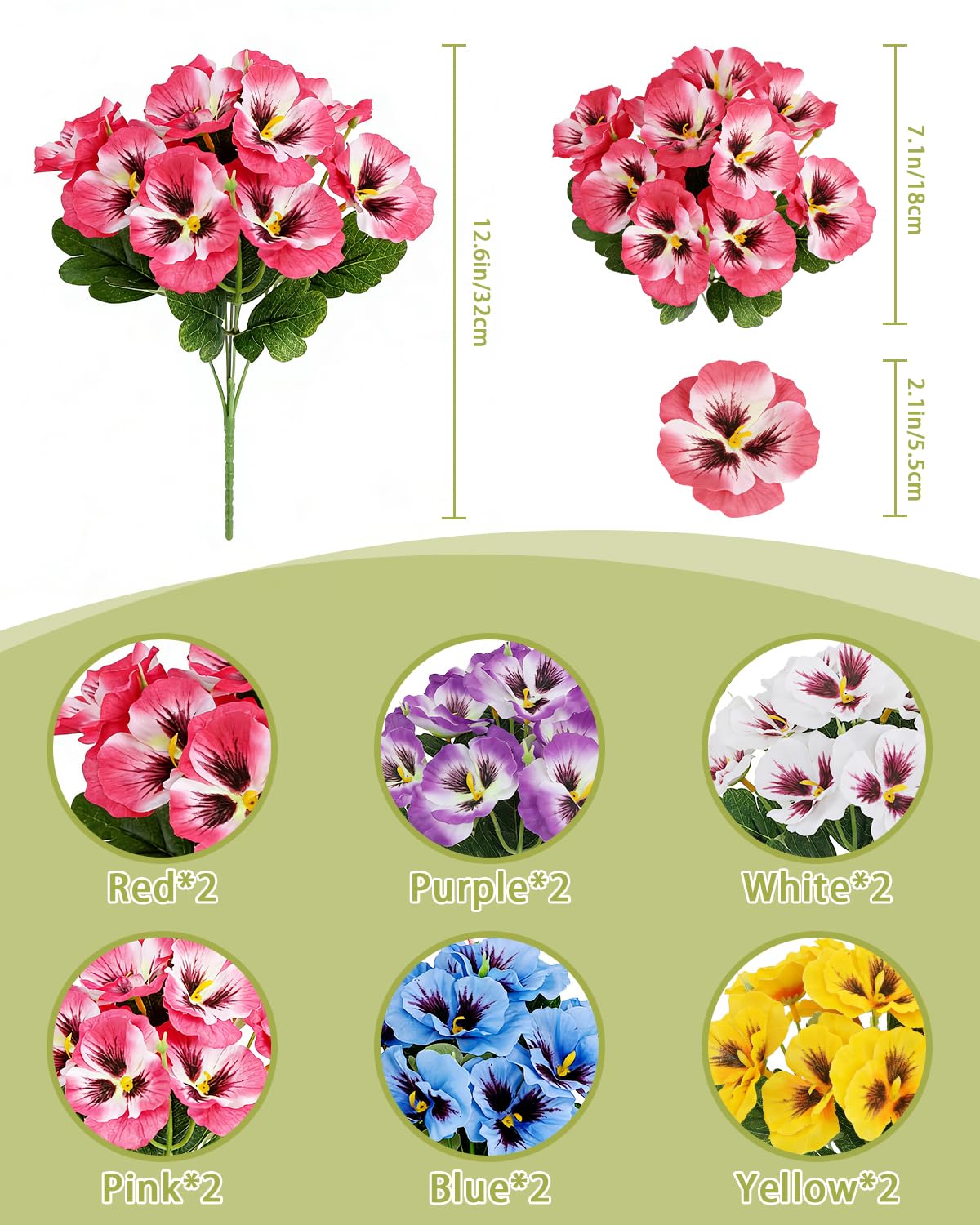 12 Bundles Artificial Flowers Outdoor, 6 Colours UV Resistant Faux Pansy Flowers Plants - Image 2