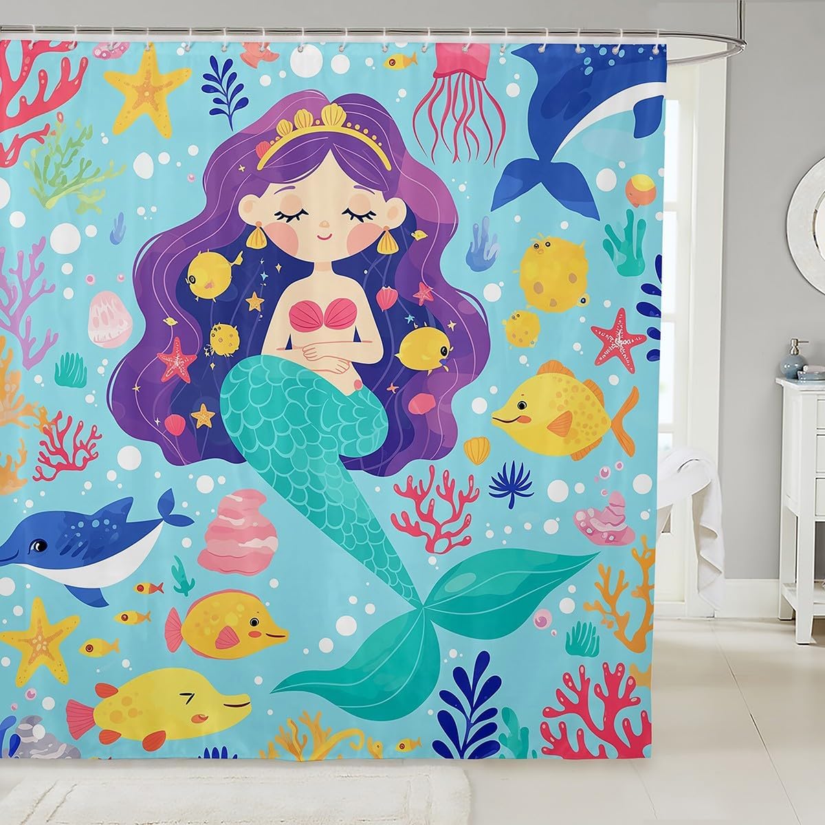 Mermaid Shower Curtain Mermaid Gifts for Girls Kawaii Bath Curtain 72"Wx84"L,Octopus Tentacles Bathroom Accessories Kids Child Teal Fish Scale Mermaid Tail Little Mermaid Decor for Toilet Bath Mat