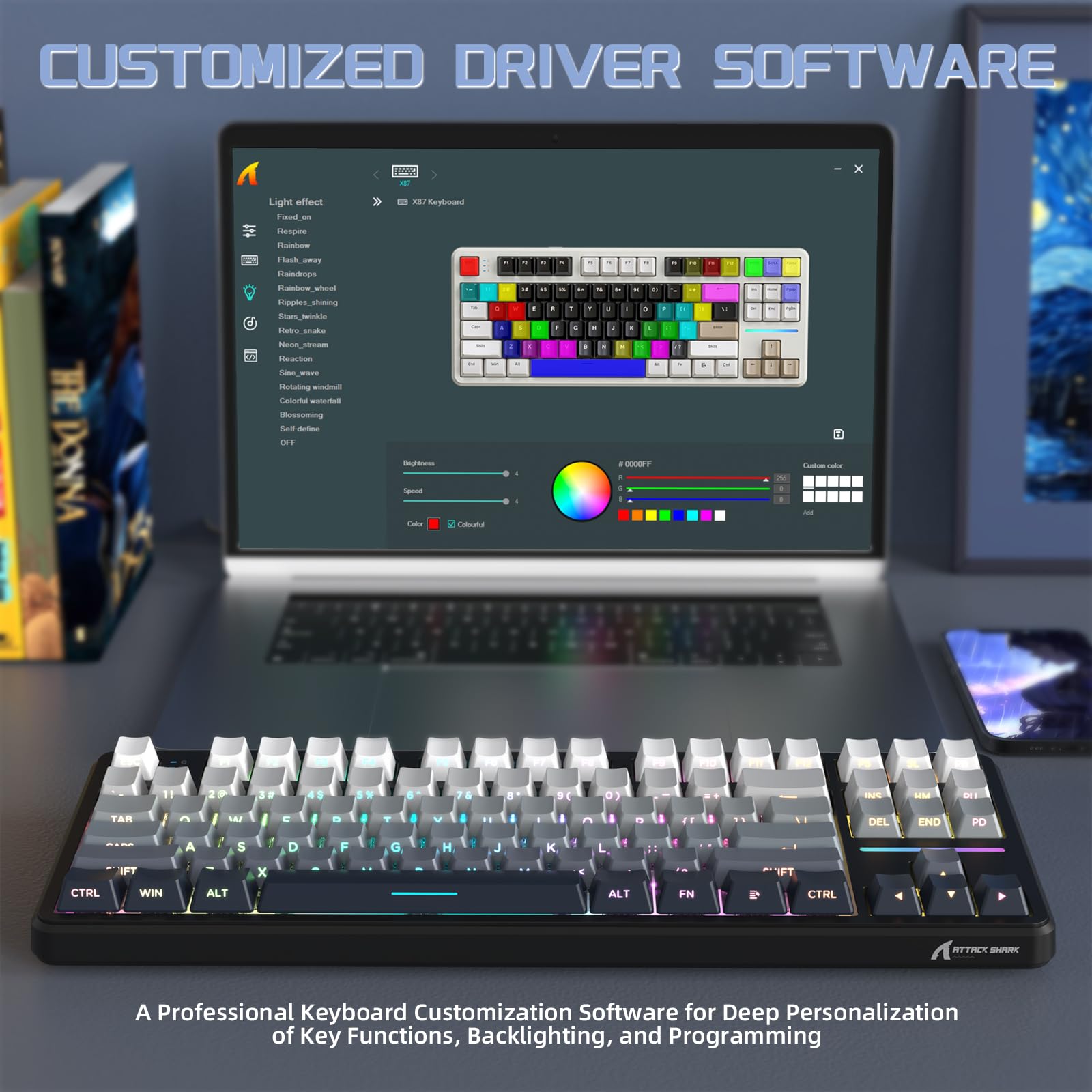 LexonElec X ATTACK SHARK X87 Tastiera Meccanica Wireless, Tri-Mode-BT/2.4G/Cablato, Sostituibile a Caldo, Interruttore lineare, Tasto PBT Stampato Lateralmente, Guarnizione, Tastiera RGB (Bianco Nero)