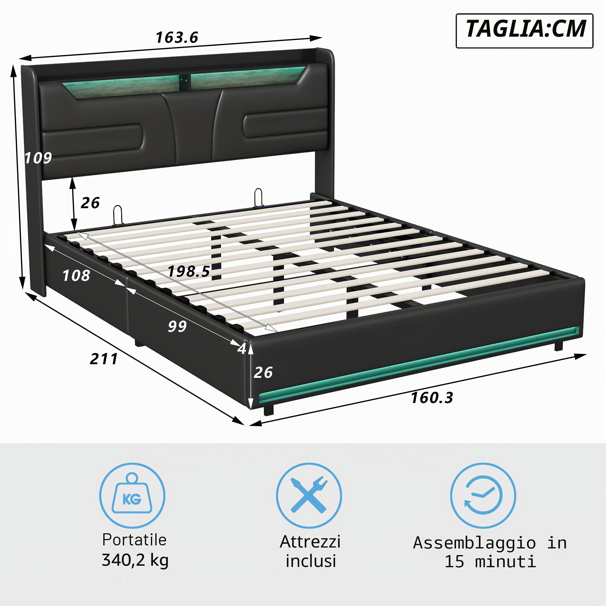 Letto Matrimoniale 160x200 cm Imbottito con Contenitore, Sistema di Sollevamento a Gas, Tessuto in PU Nero, LED, Ricarica USB, Senza Materasso (Nero-C, 160x200cm)