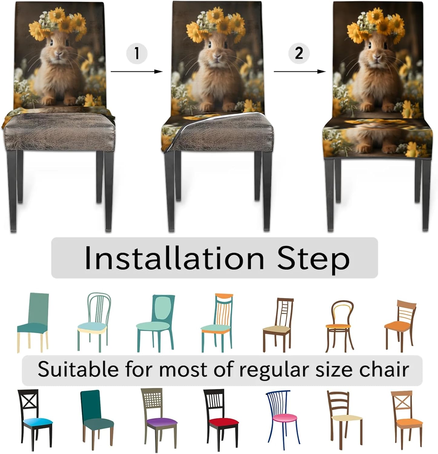 QsirBC Rabbit Wearing Wreath Stretch Dining Room Chair Covers Set of 4 Chair Slipcovers Removable Washable Kitchen Seat Covers Chair Protectors for Hotel Party Wedding