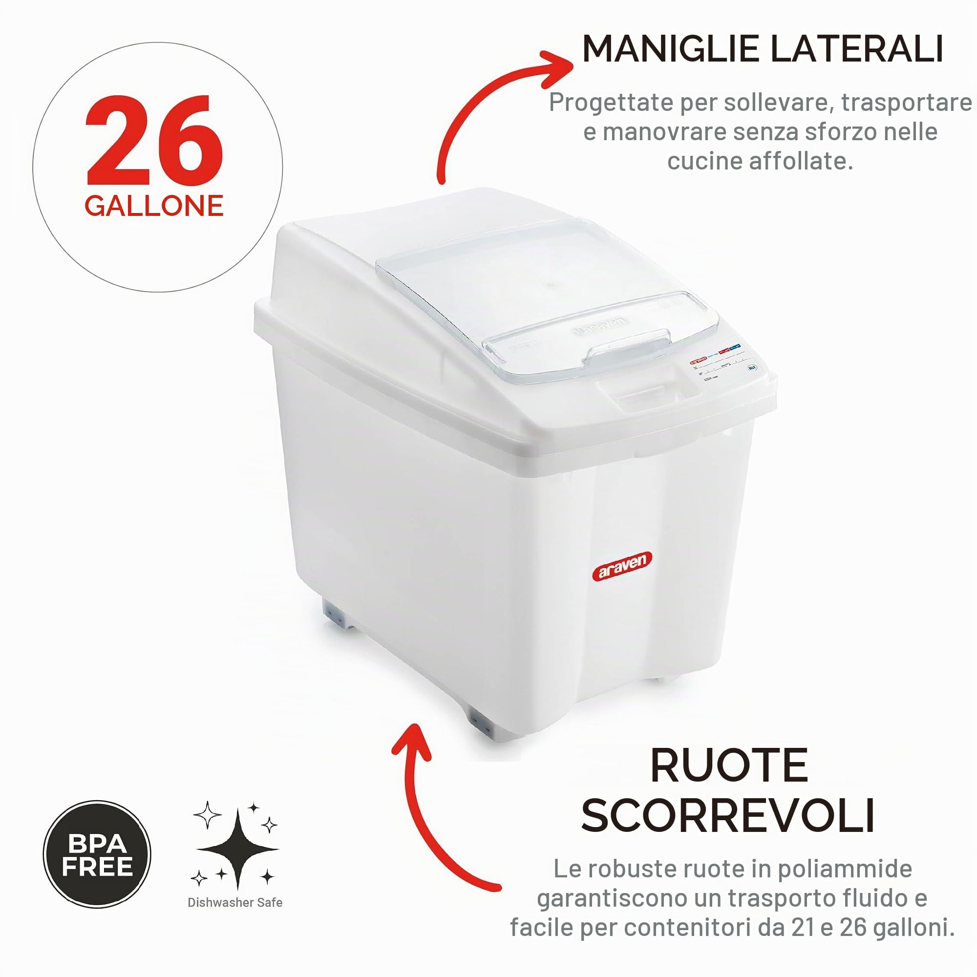 Araven Mestolame Tramoggia Contenitore Alimenti da 100 Litri in Plastica Resistente
