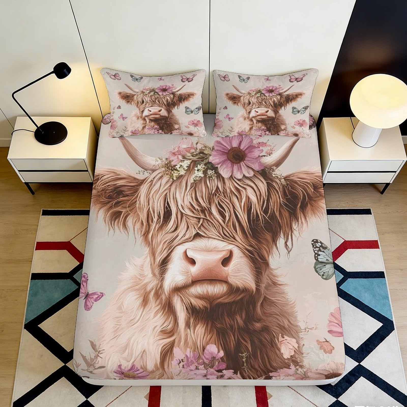 3D Printed Highland Cow Fitted Sheet Microfiber Soft Breathable Floral Bed Cover with Butterflies Mattress Cover for Bedroom Dormitory Guest Room 140x200x25cm