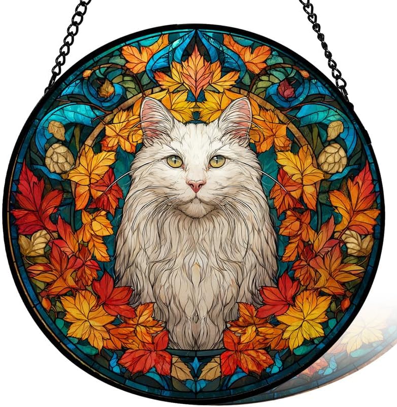 Stained Acrylic Jigsaw Puzzle Window Hanging Cat & Autumn Leaves 7.4 in 83 Pieces Sun Catchers Window Core Decor Inside & Outside The Cottage Gift for Women Unique Wall Decor Vintage Home Accents