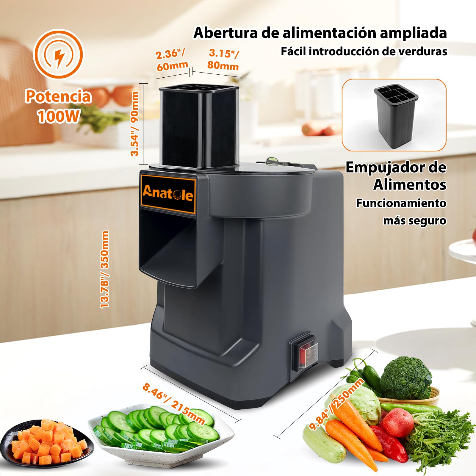 Anatole Cortador de Verduras en Cubos Eléctrico Comercial con 3 Cuchillas | 9mm/ 12mm/ 16mm Cuchillas de Acero Inox, para Patata Zanahoria Pepino Cebolla Fruta, para Restaurante Hotel Hogar, 100W 220V