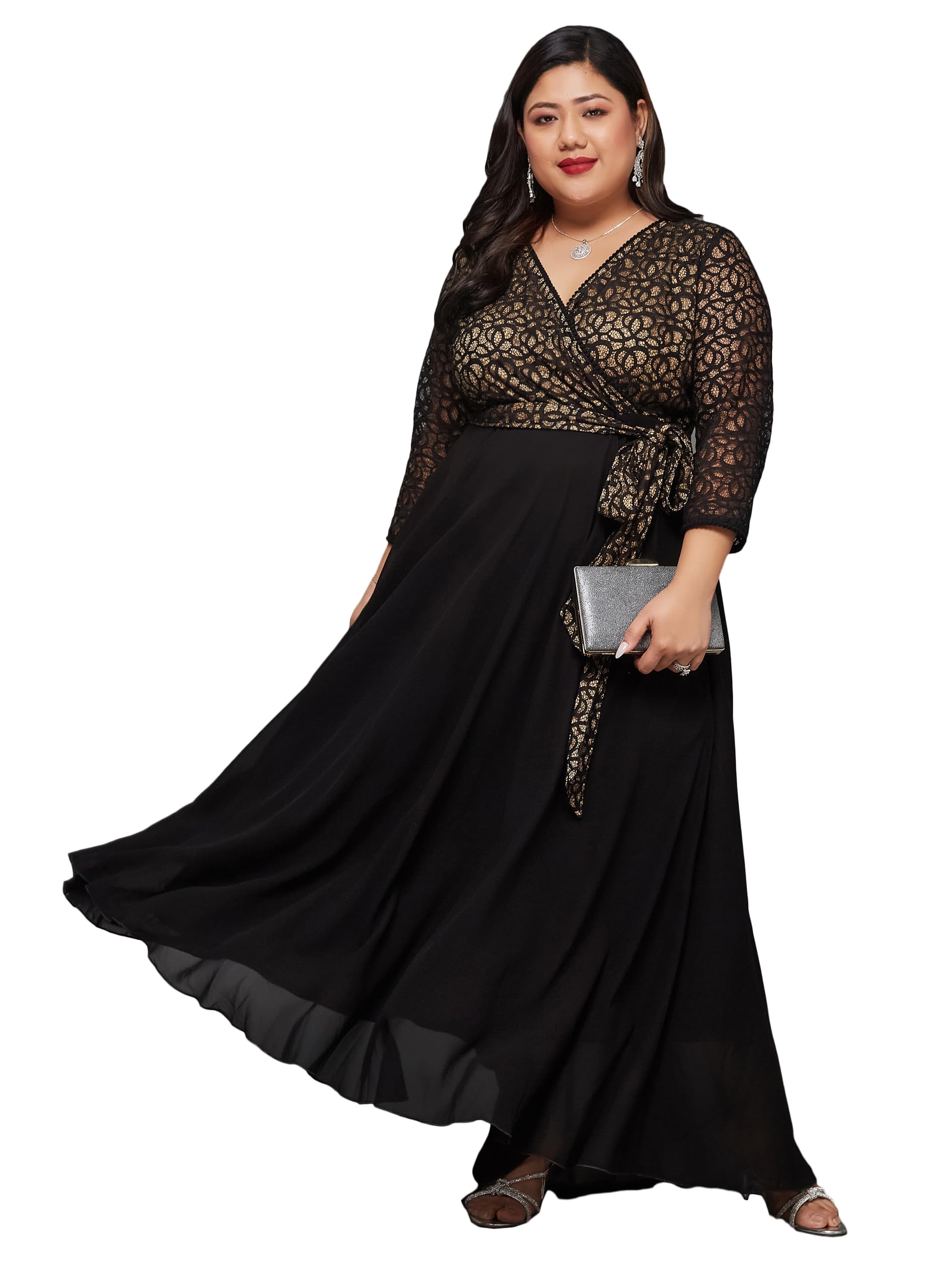 miss chase a+ Women's Relaxed Fit V-Neck 3/4th Sleeve Georgette and Lace Maxi Dress-picture-34