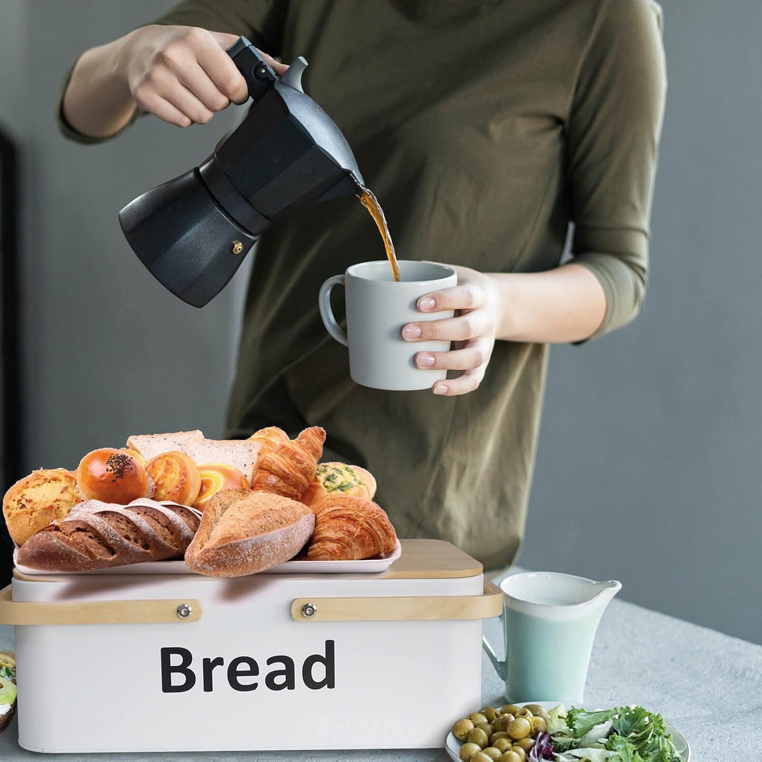 SOTECH Large Bread Box Metal Bread Bin with Bamboo Lid and Handle Food Storage Container Modern Box for kitchen Counter Organizer Kitchen Decor Outdoor Portable Bread Box (white)