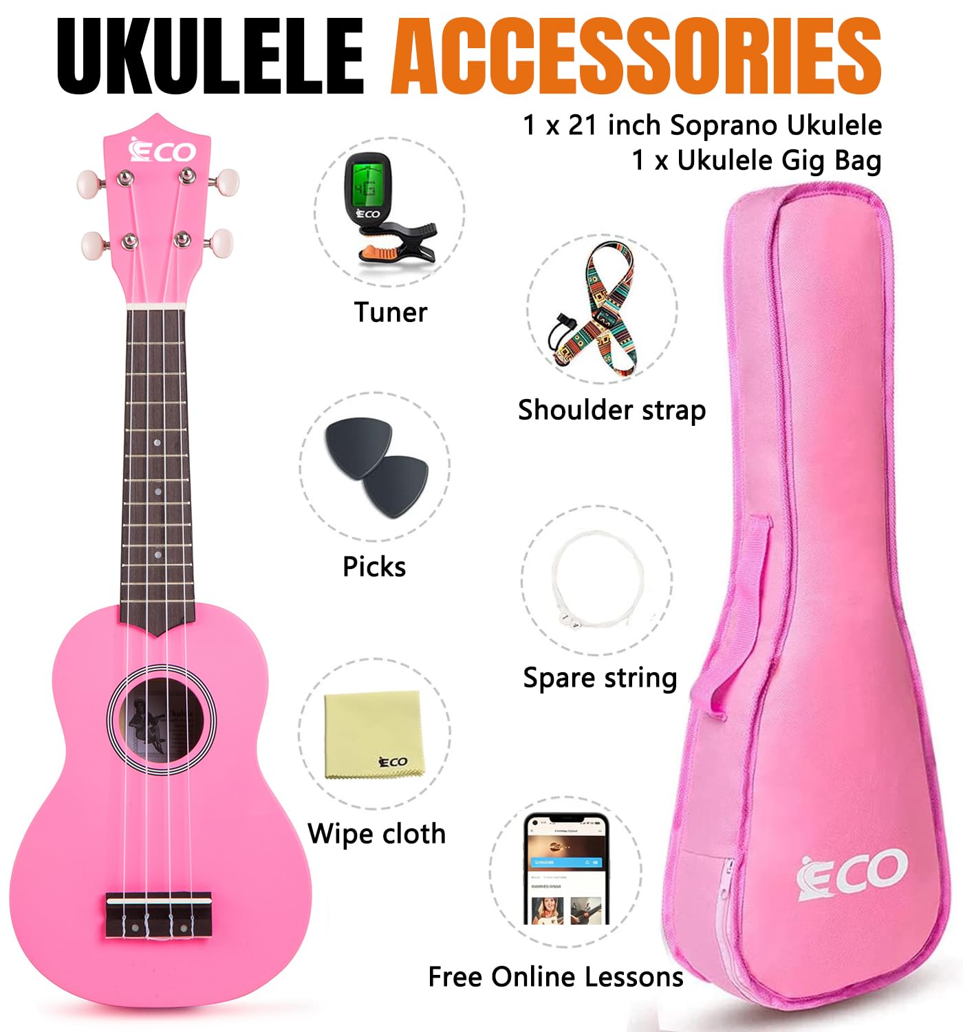 Kit de débutant ukulélé soprano pour enfants et débutants, Ukelele 21 pouces avec recueil de chansons, étui, sangle, accordeur, cordes et médiators