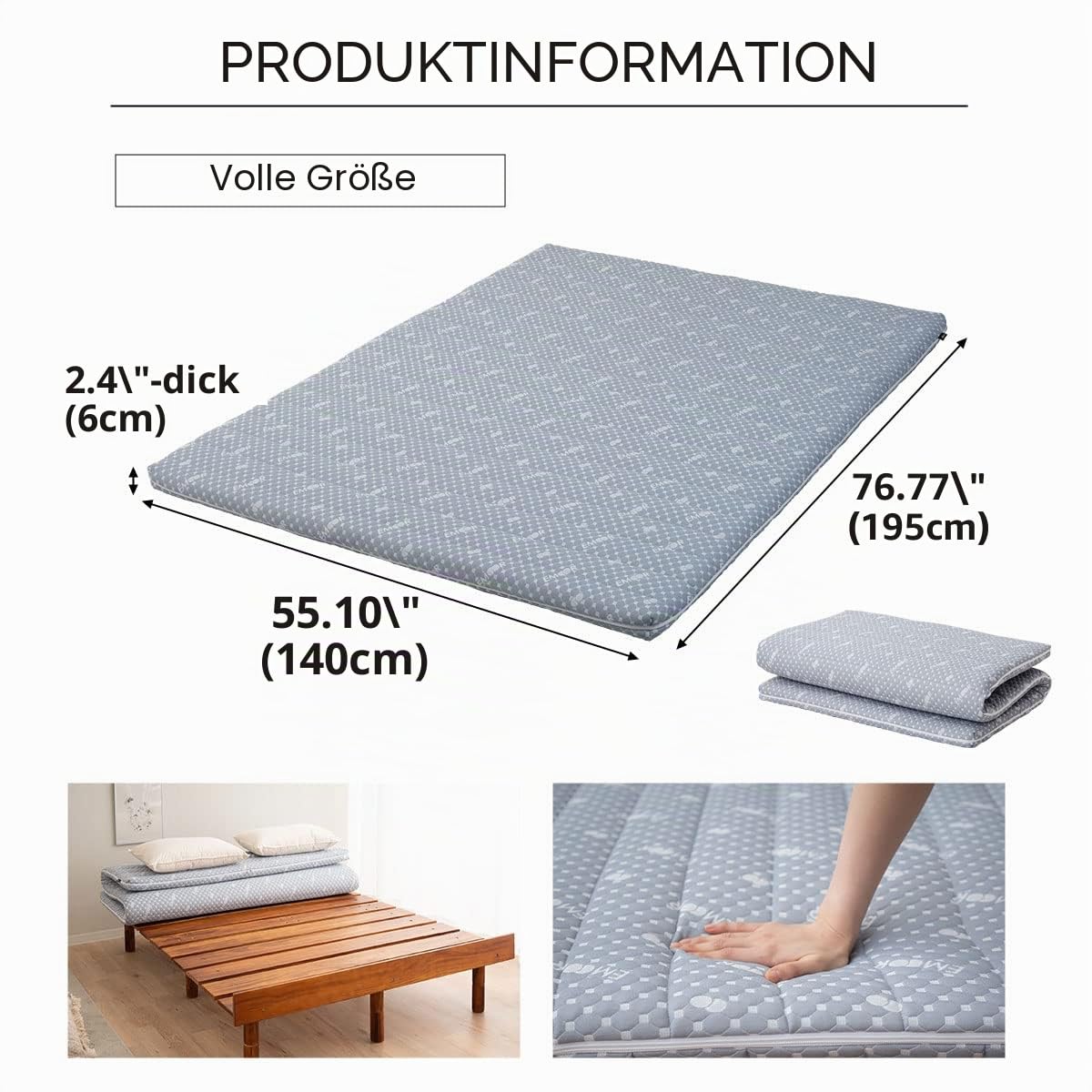 EMOOR Faltbare Hybrid-Futonmatratze 140 x 195 cm, Hochelastischer Urethanschaum 150N (Mittelfest) Mit-Waschbarem Gepolstertem Bezug, Tatami-Boden-Schlafmattenauflage, Grau