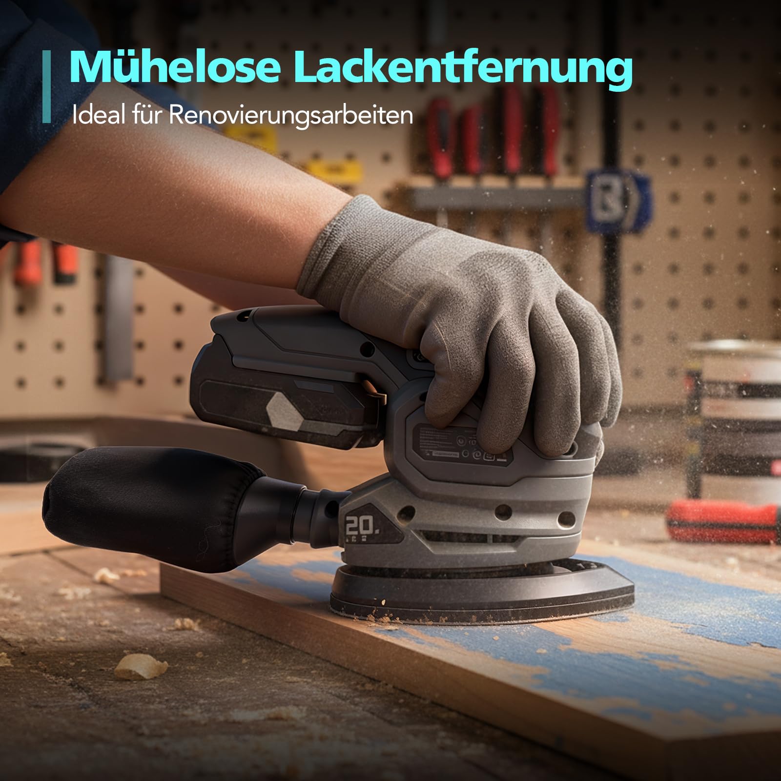 20V Akku Deltaschleifer, Multischleifer, 12000 U/min, Mini Schleifmaschine mit Staubfangbeutel, 20 Schleifpapiere, ergonomischem & 2,0Ah Akku mit Ladegerät, Schwingschleifer für Holz & Wände