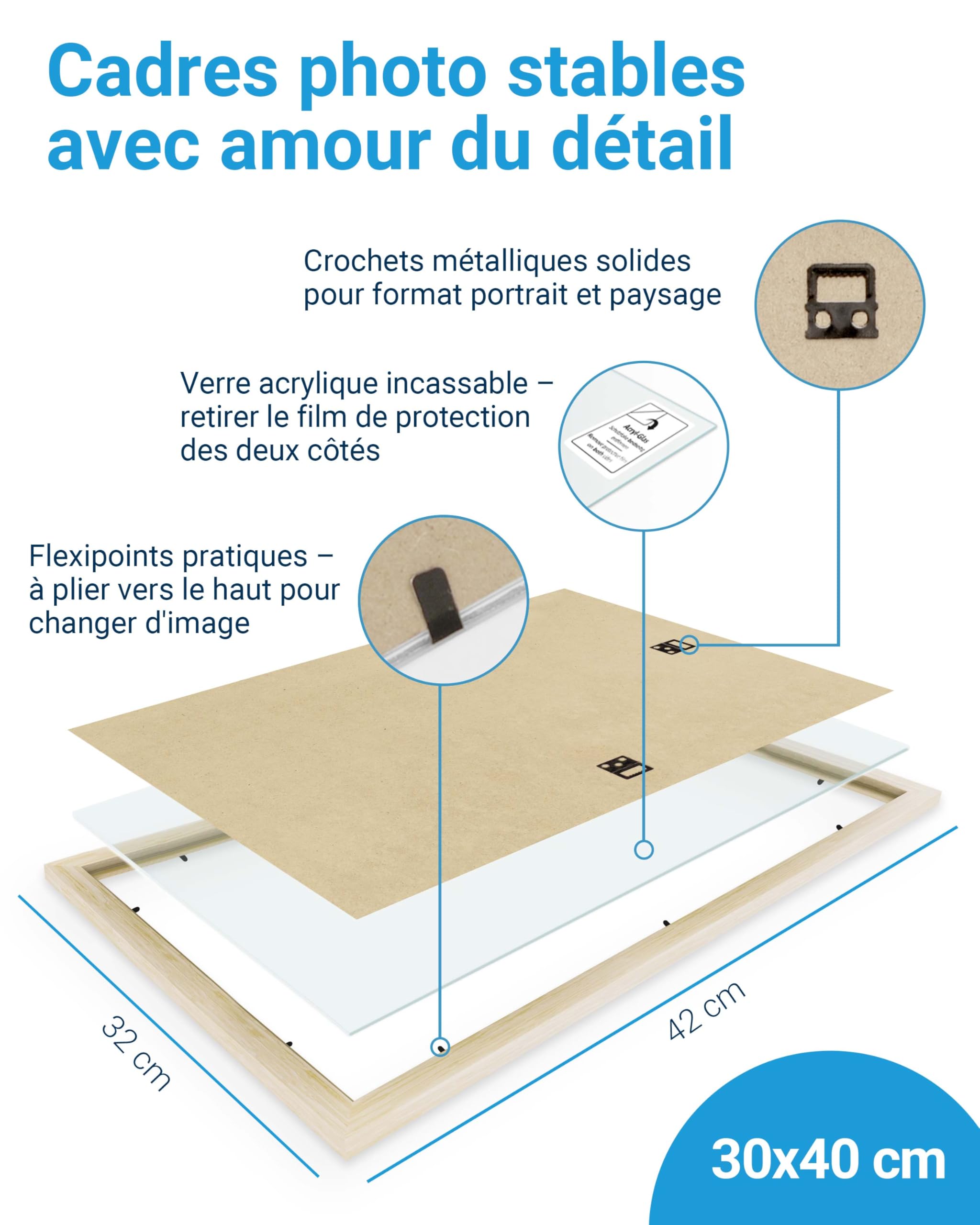 PHOTOLINI Cadre 30 x 40 bois MDF naturel, lot de 3 cadres photo 30x40 pour posters, picture frame 40x30, verre acrylique incassable, décoration murale à suspendre, avec accessoires supplémentaires