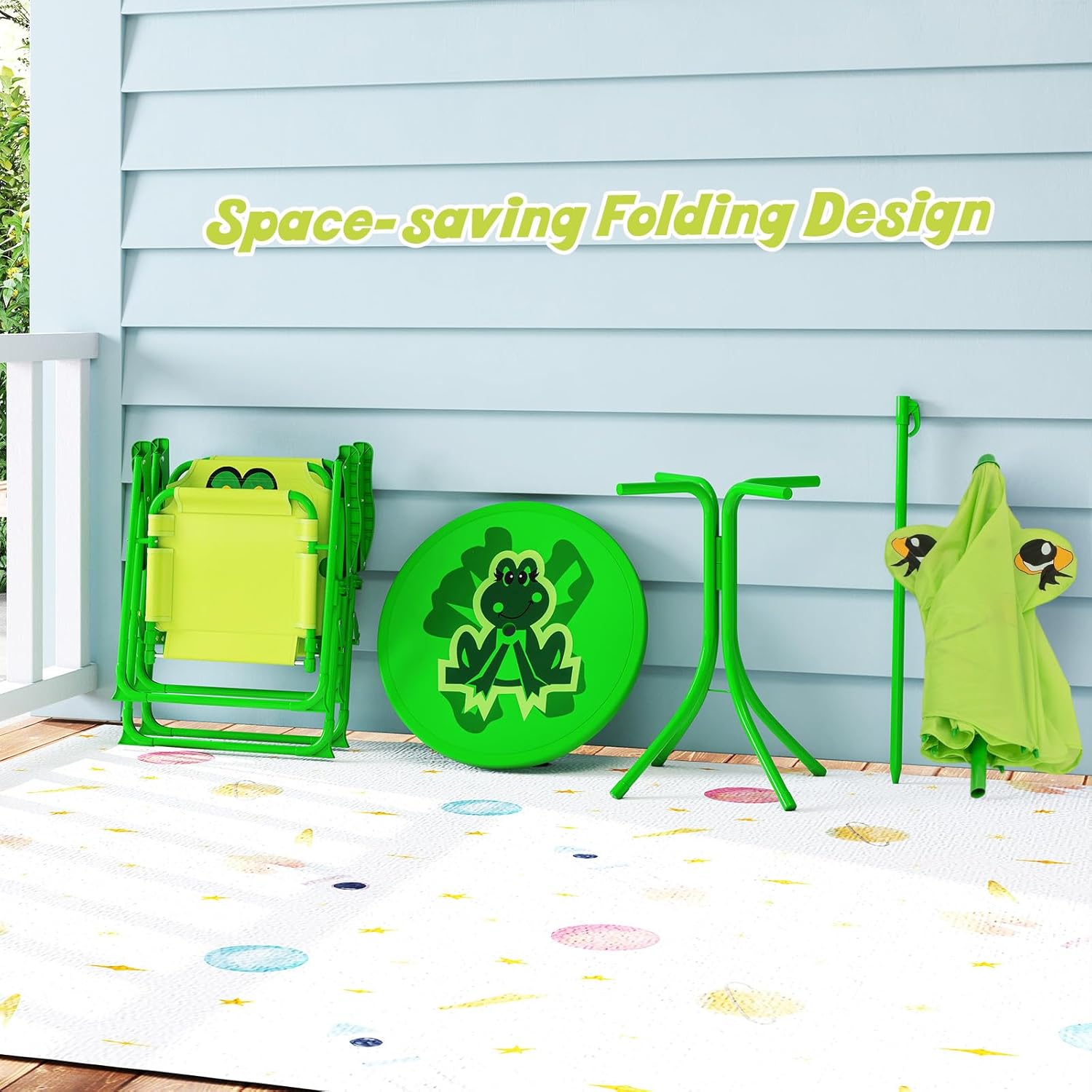 HONEY JOY Kids Picnic Table, Animal Themed Toddler Outdoor Table and Chair Set, 2 Folding Chairs & Removable Umbrella, Children Outdoor Furniture for Backyard Patio Garden (Light Green Frog)