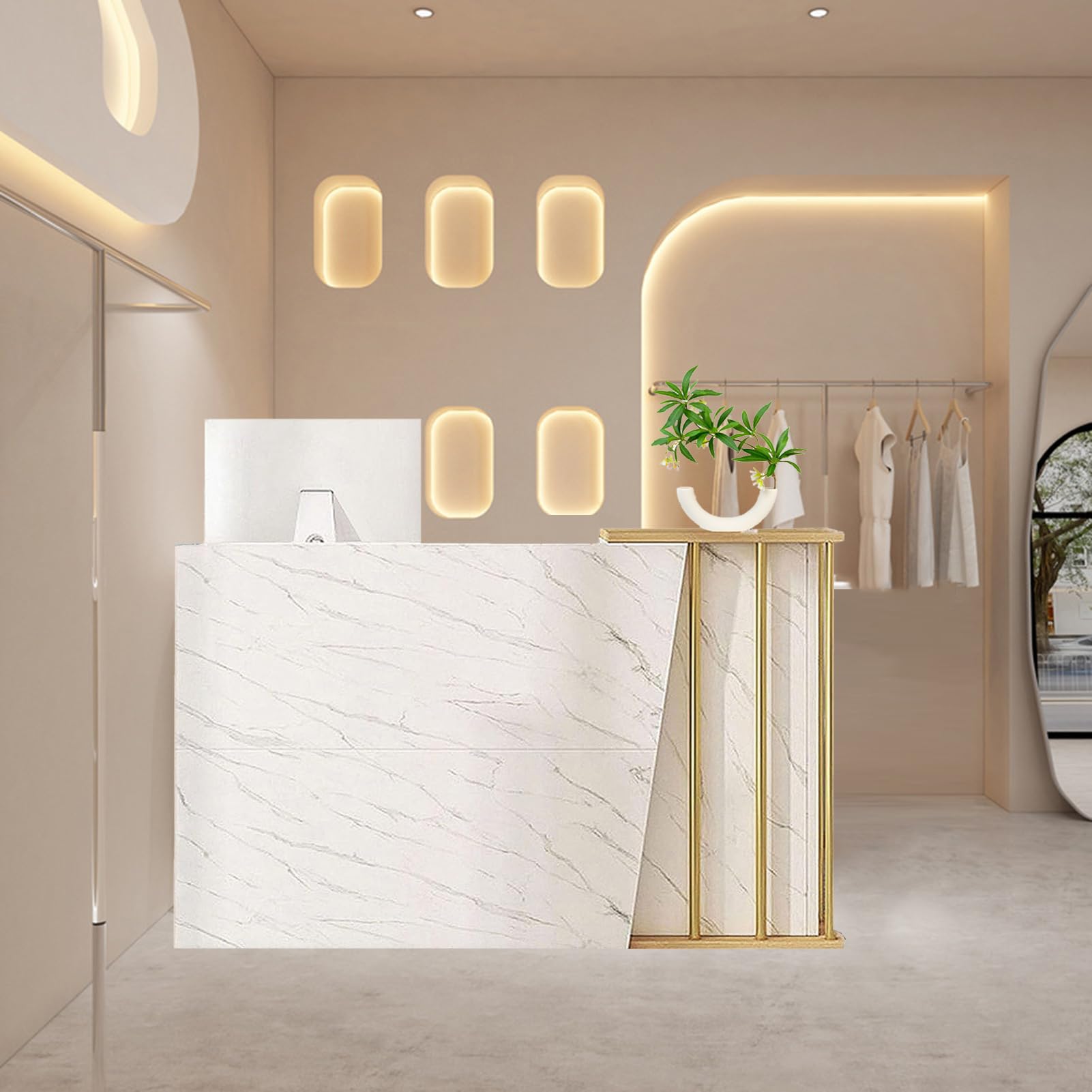 Reception Estetica Curva, Scrivania con Cassetti per Negozio, Banco Vendita per Negozio con Il Computer Del Governo Di Stoccaggio E Del Cassetto per Cassa e Vendita Al Dettaglio Marble Color 100cm