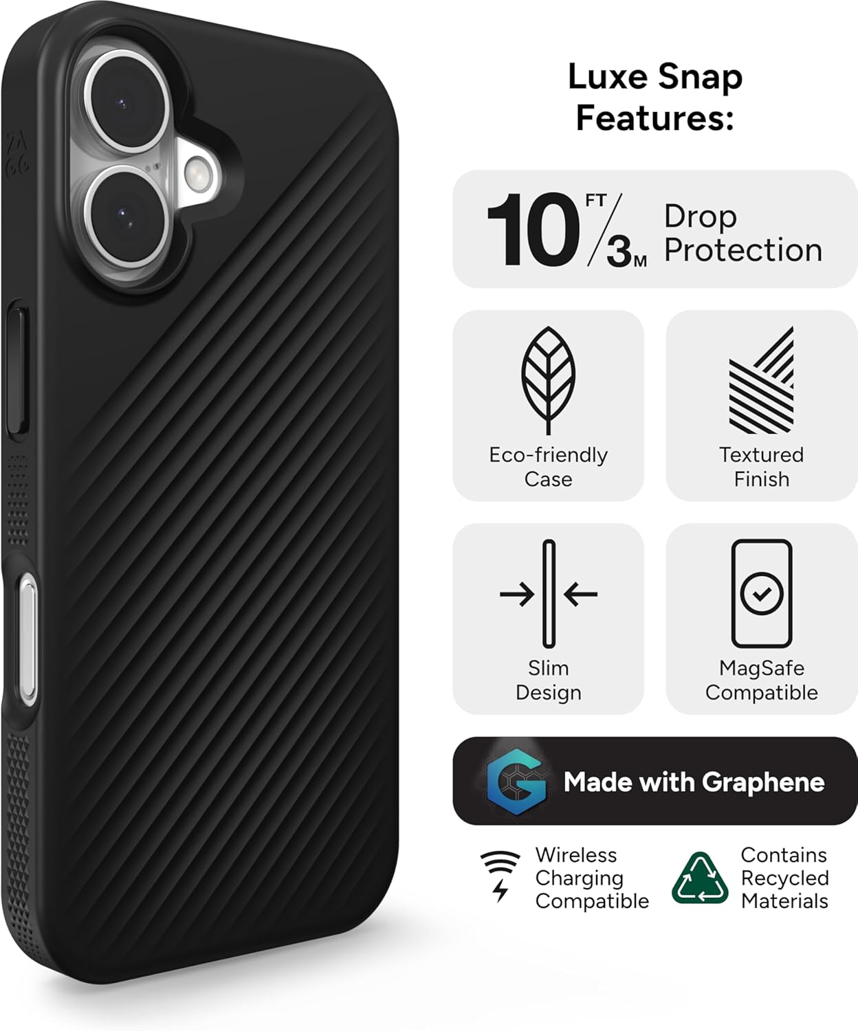 ZAGG Luxe Snap Case for iPhone 16 - MagSafe Wireless Charging, 10ft Drop Protection, Eco-Friendly, Graphene Reinforced, Ripple Design, Black