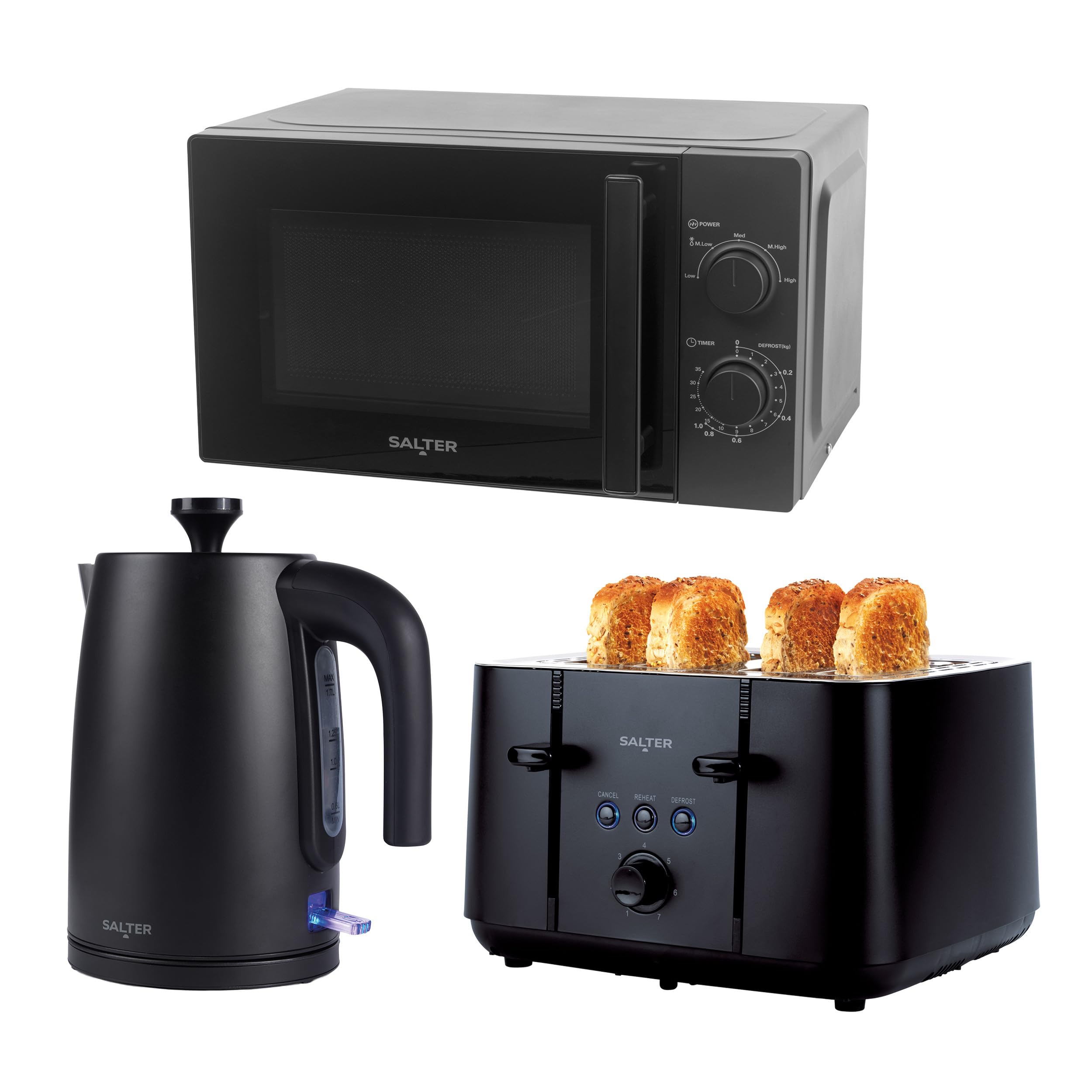 Salter Kuro 3-Piece Kitchen Set – 1.7L Rapid Boil Kettle, 4-Slice Toaster with 7 Browning Levels & Defrost/Reheat/Cancel Functions, 20L 800W Microwave with 5 Power Levels & Defrost, Matte Black Finish