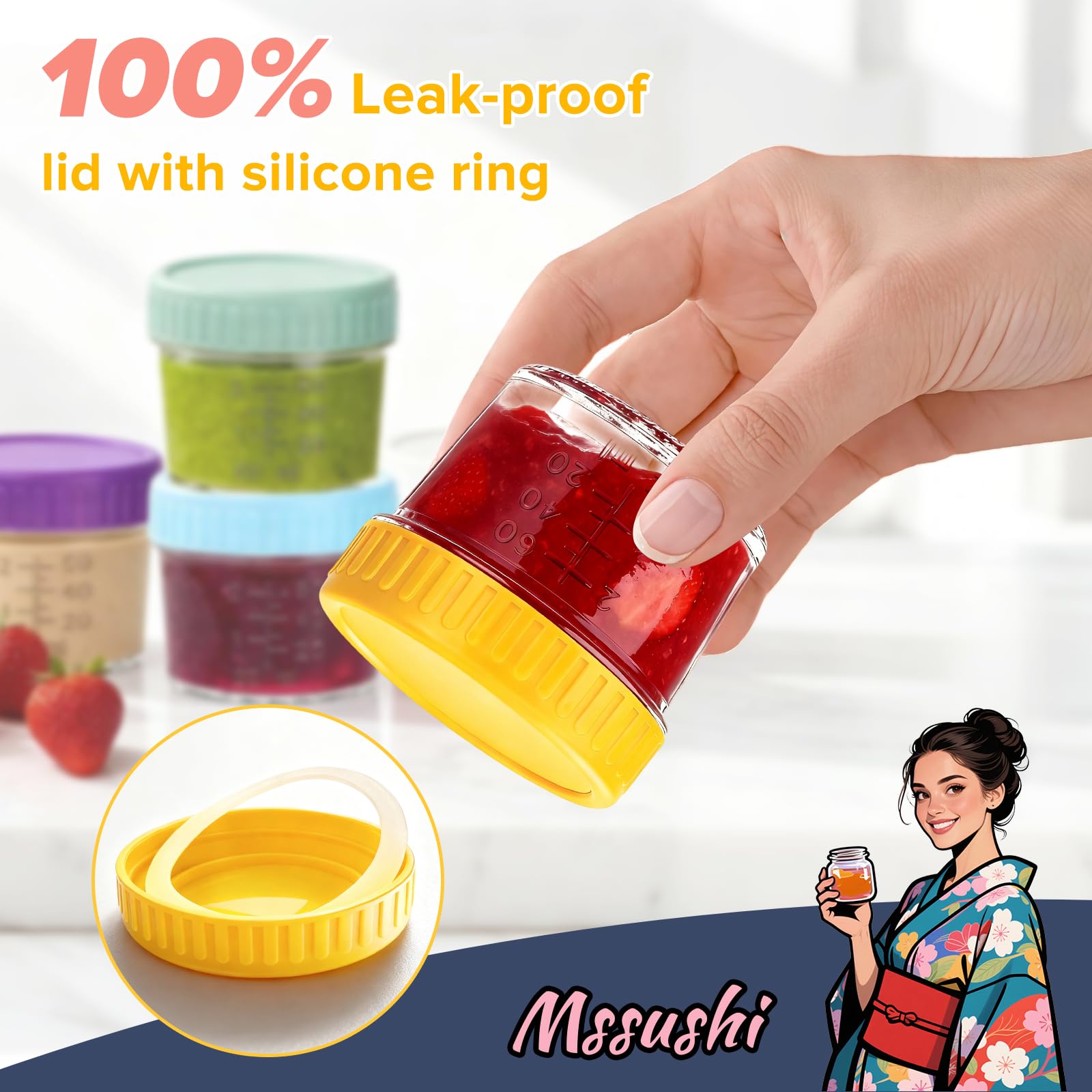 Mssushi 8 Récipients à Vinaigrette en Verre 120ml,Pots Pour Condiments avec Couvercles en Silicone Anti-Fuite,Boîtes de Conservation Alimentaire Portable,Adapté Pour Les Salades,Les Sauces et Épices