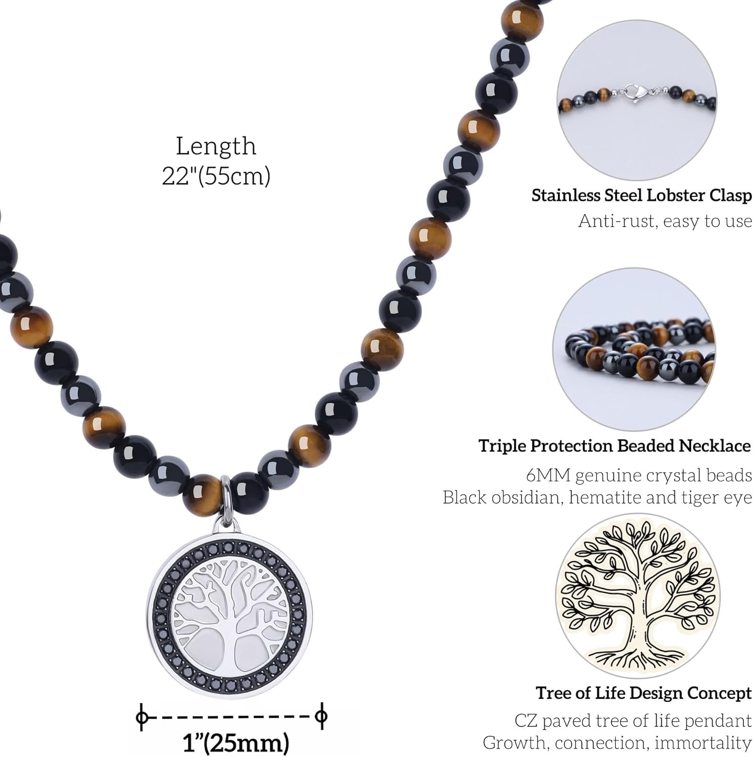 GAVU Triple Protection Beaded Necklace - Men's Life Tree Beaded Hematite Tiger Eye Obsidian Necklace - Image 3