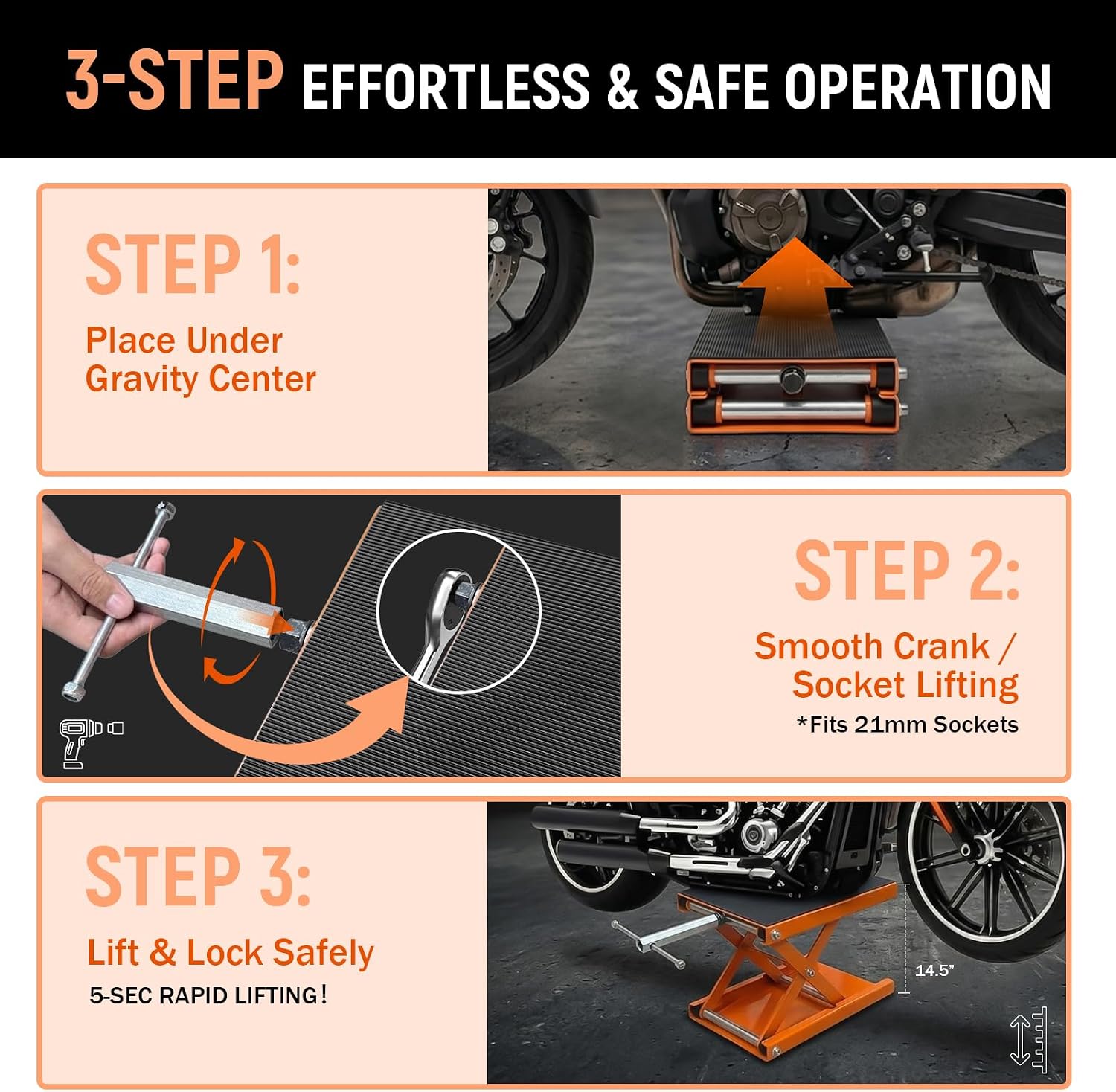 SEKAM 1200 LBS Motorcycle Lift Scissor Jack, Wide Deck Hoist Stand, Height Adjustable Center Stand with Crank, Steel Lift for Cruiser, Dirt Bike, ATV - Orange