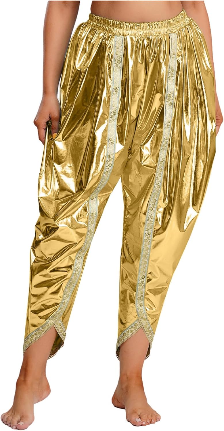 Freebily Womens Indian Dhoti Pants Metallic Arab Baggy Harem Pants Belly Dance Costumes Trouser