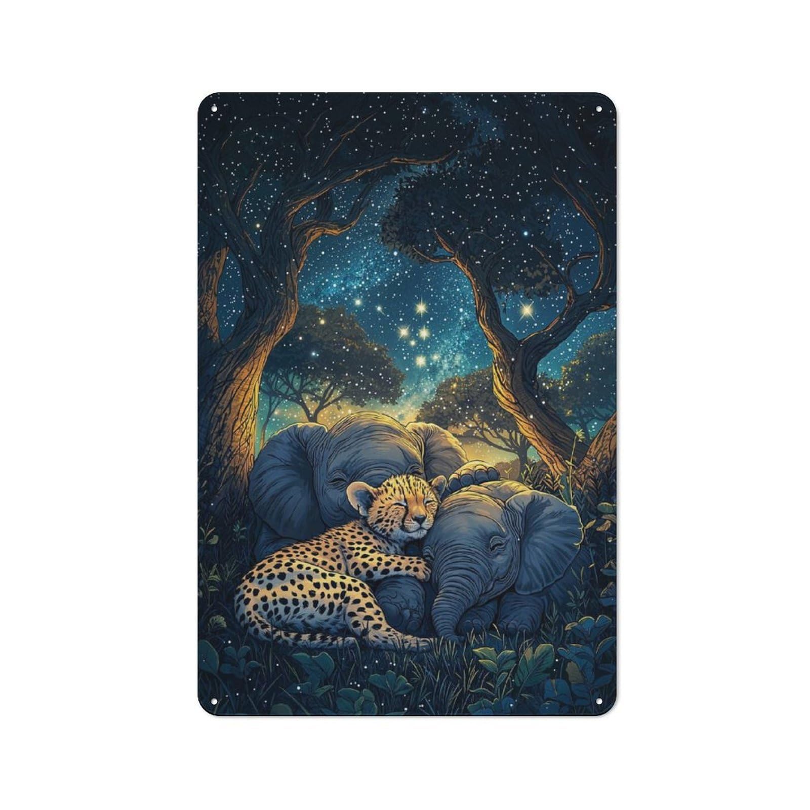 Junmoney Style-2 Cheetah And Elephants Under Stars Metal Wall Plaque 30X20cm, Vintage Nostalgic Wall Art For Bedroom, Office, Home Bar Or Dining Room