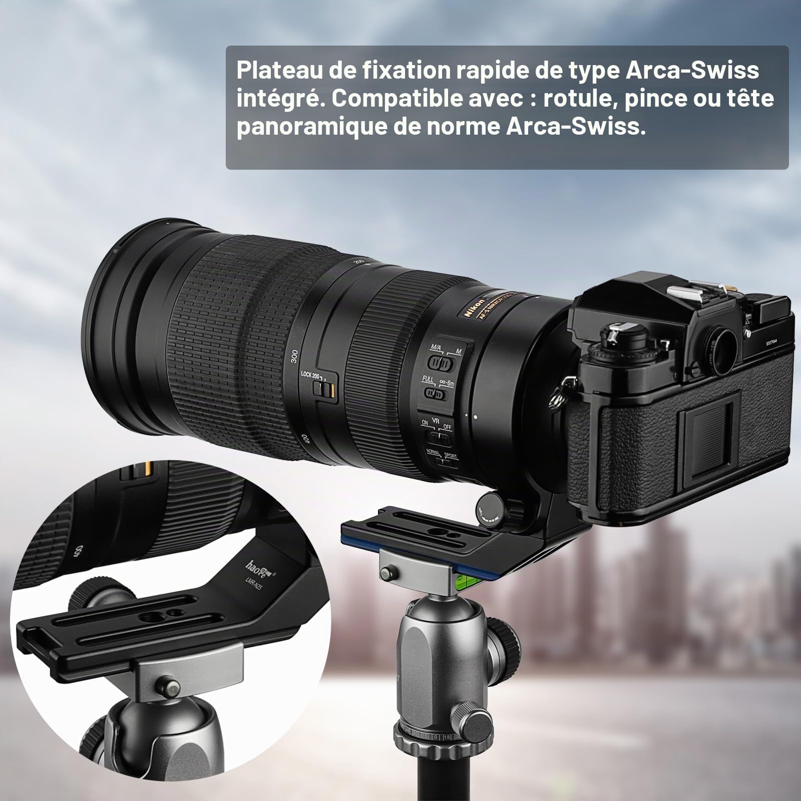 Haoge LMR-N25 Bague de fixation pour trépied pour objectif Nikon AF-S Nikkor 200-500 mm f/5.6E ED VR avec plaque de dégagement rapide intégrée Arca Swiss