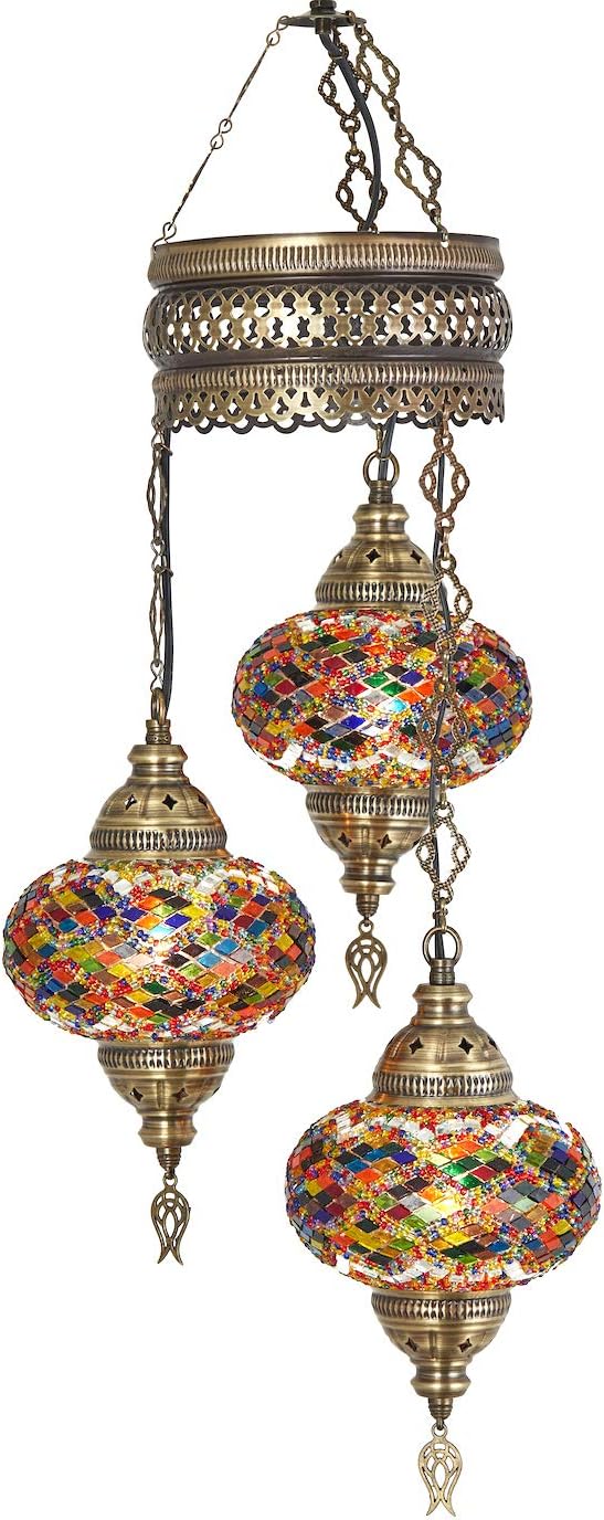 DEMMEX Turkish Moroccan Mosaic Hardwired OR Swag Plug in Chandelier with 15feet Cord Cable Chain & 3 Big Globes (Turkish Rug - Multicolor) (Hard-Wired)