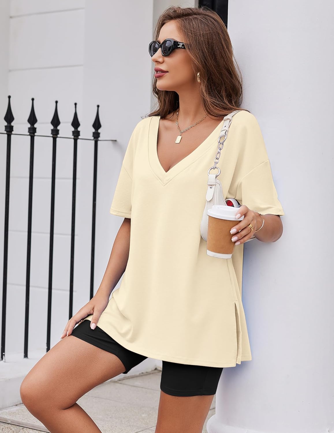 Ekouaer Womens Pajamas 2 Piece Lounge Sets Oversized V Neck T-Shirts Tops Biker Shorts Set Workout Reversible Tracksuit S-XXL - Image 3