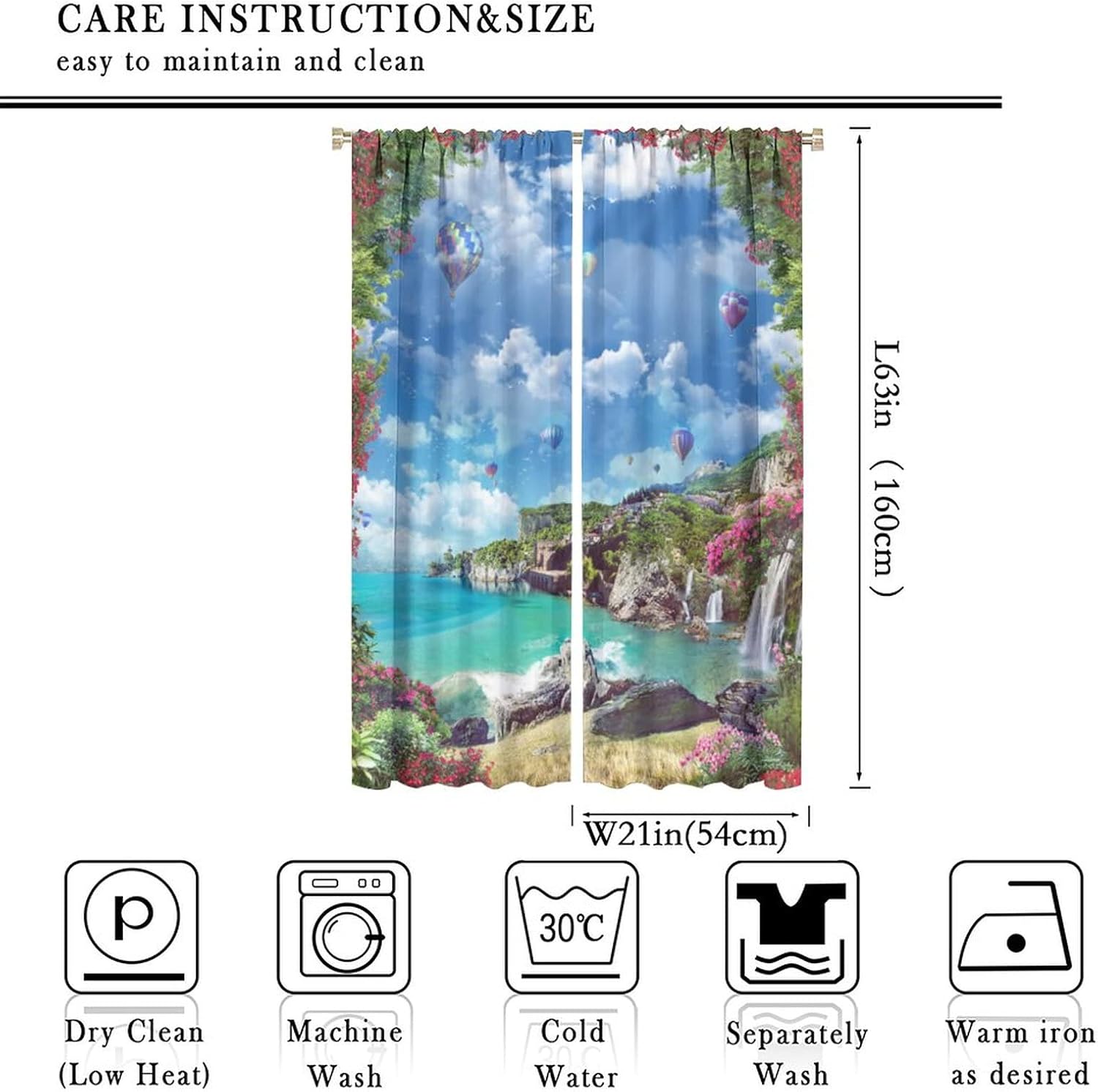 Coastal Scenery Curtains, Beautiful Scenery by The Sea with Balloon Waterfall Red Flowers, Suitable Bedroom Living Room Blackout Noise Reduction Decorative Curtains, 2 Panel Set, 42x63 Inches