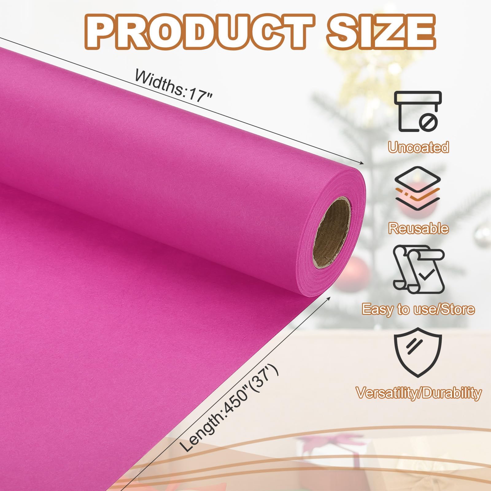 PATIKIL Wrapping Paper, 17" x 450"(37') 70 GSM Craft Paper Roll Kraft Packing Paper for Poster Bulletin Board Gift Wrapping, Rose Pink - Image 2