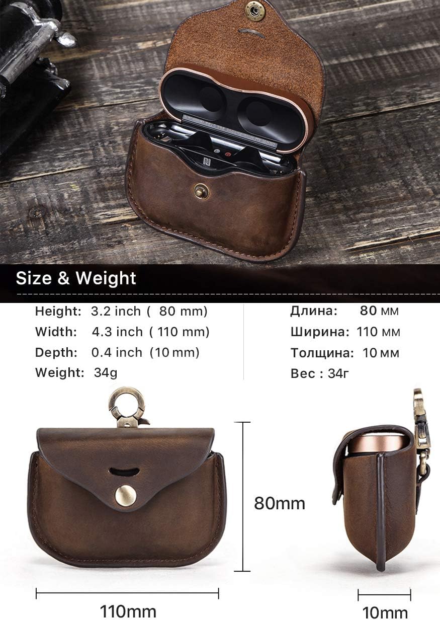 Compatible with wf-1000xm3 Case, Personalized wf-1000xm3 Leather case with Carabiner, Genuine Leather Protective Case Cover Shockproof for So-ny WF-1000xm3 Wireless Charging Case (Blank, Coffee)