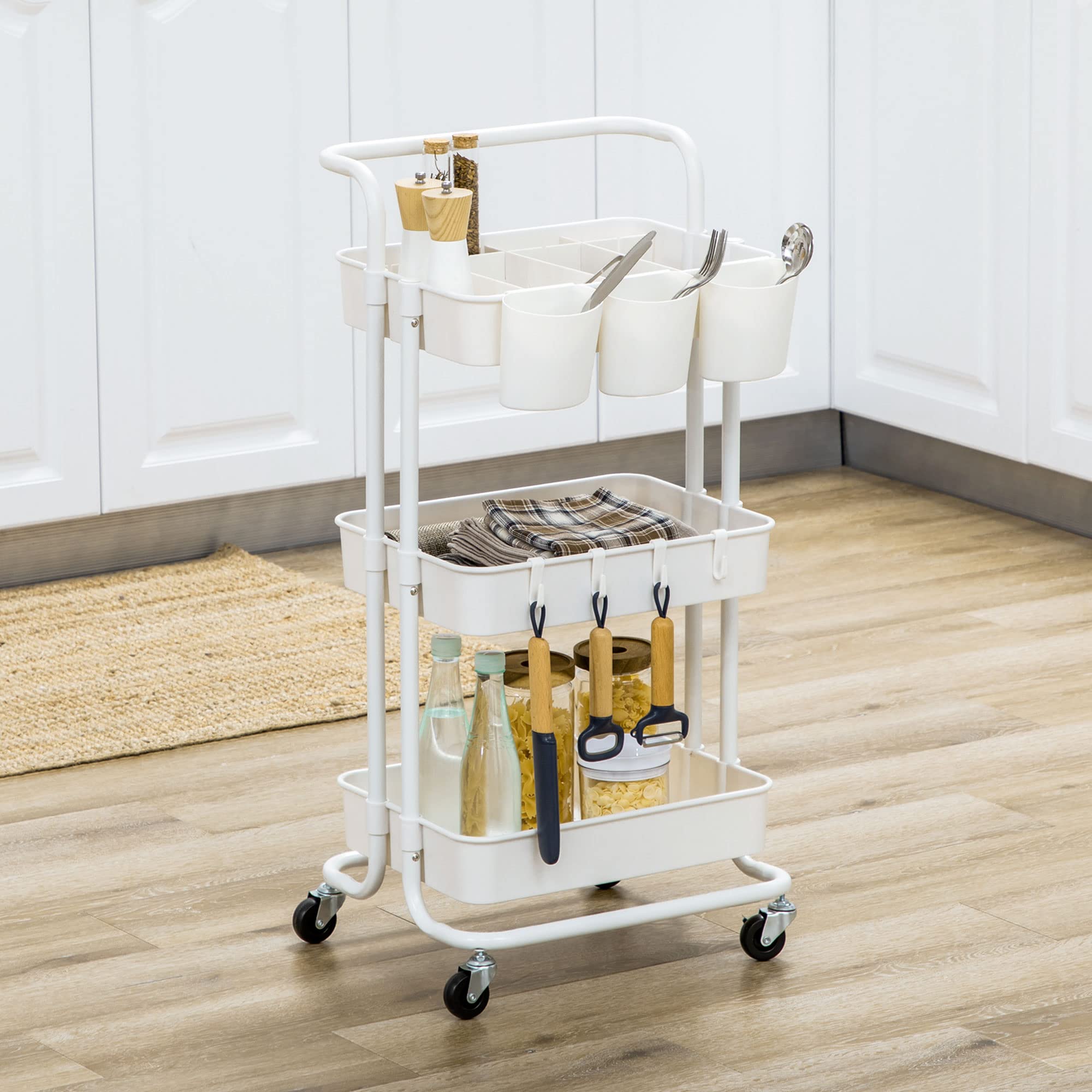 HOMCOM Carrello portaoggetti a 3 livelli su rotelle con 4 ganci e 3 appendini rimovibili per bagno, cucina, ufficio 42 x 38 x 86,5 cm - bianco