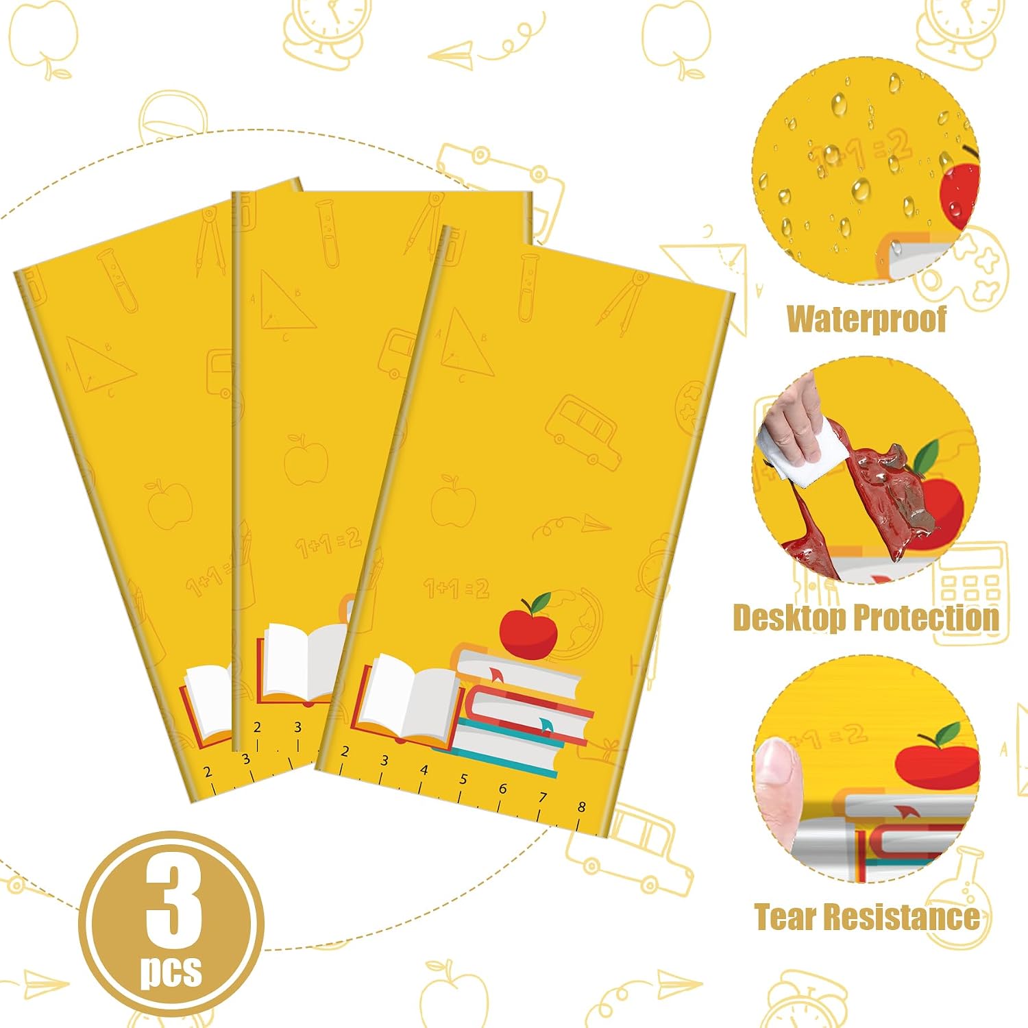 3Pcs Back to School Party Tablecloth, 54 x 108 Inch Ruler and Book Print Plastic Table Cover, Happy First Day of School Table Cloths for Kindergarten Classroom Party Decorations Supplies